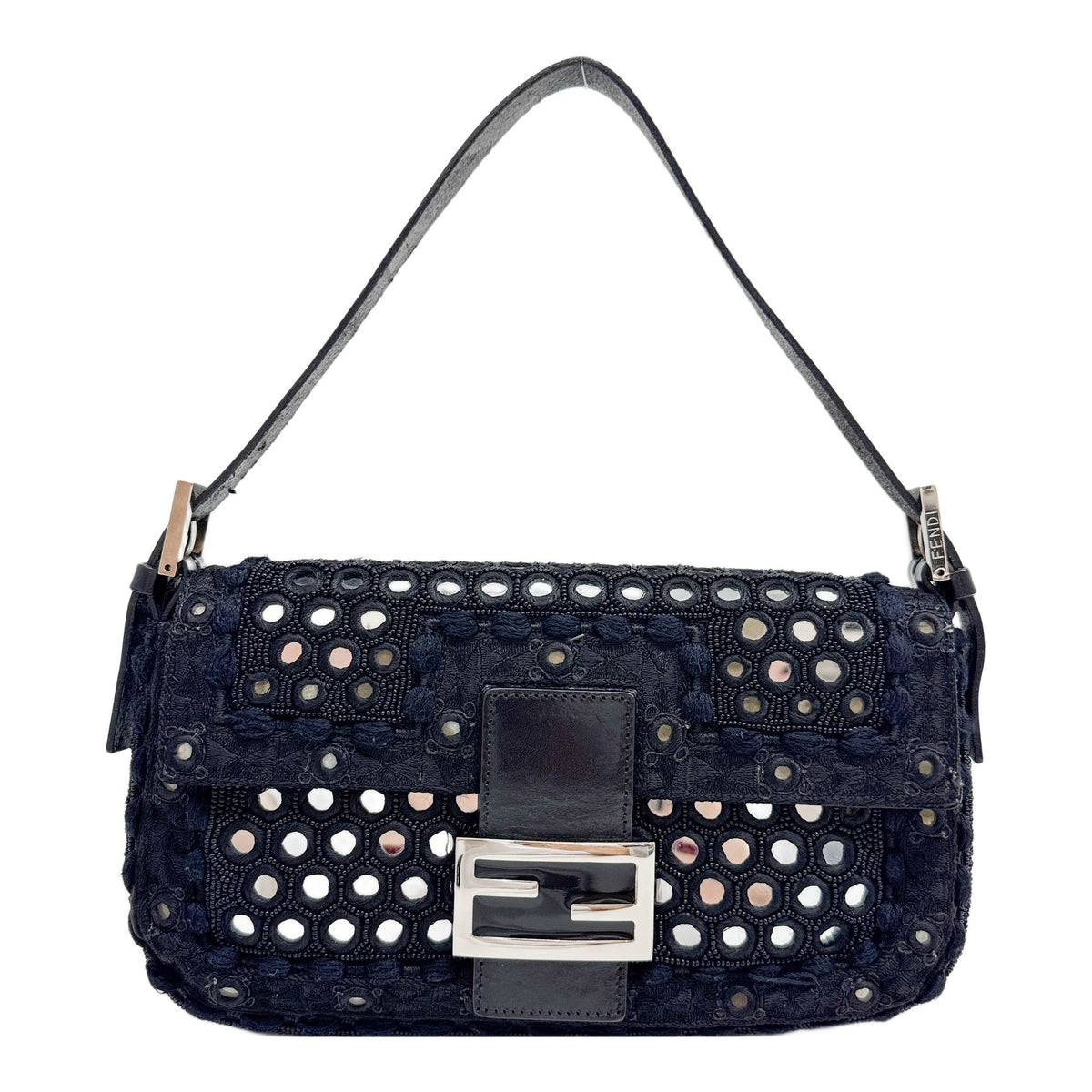 Baguette Mirror Specchietti Embroidered and Beaded Black Cotton Shoulder Bag