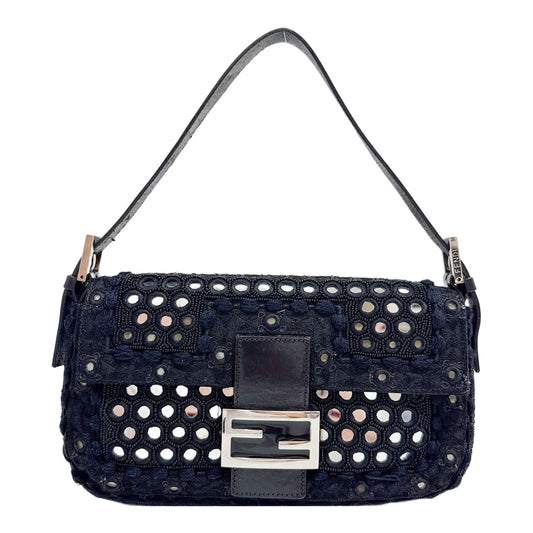 Baguette Mirror Specchietti Embroidered and Beaded Black Cotton Shoulder Bag