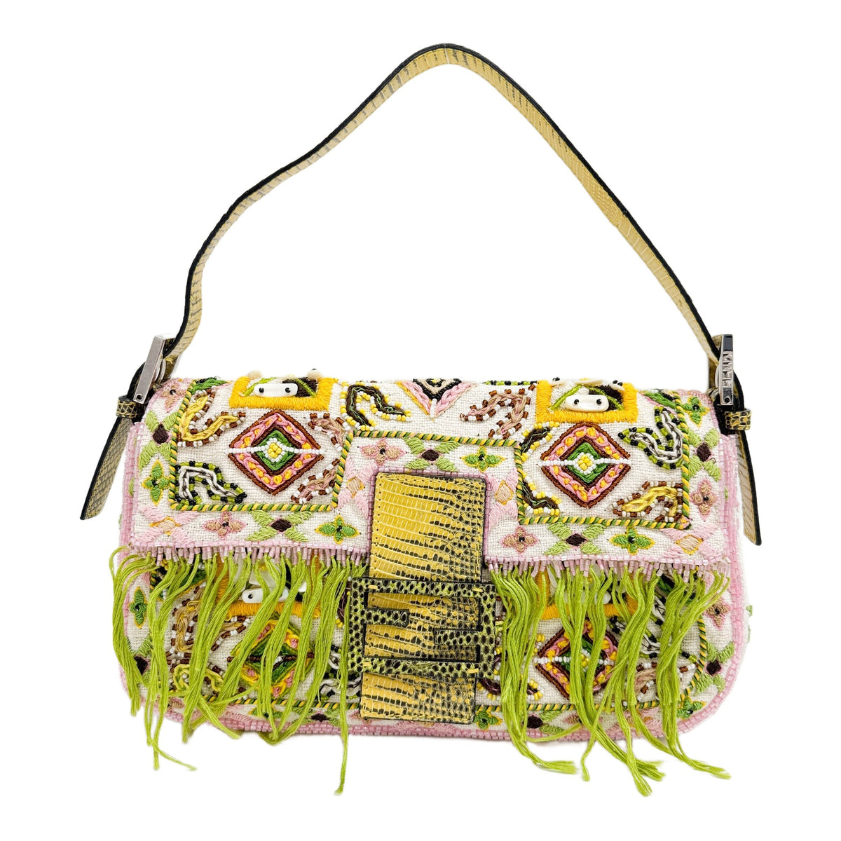 Baguette Beaded Fringe Multicolor Embroidered Cotton Shoulder Bag with Lizard Trim