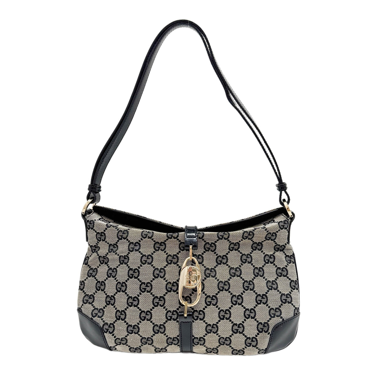 Beige GG Canvas Shoulder Bag with Black Patent Leather Trim