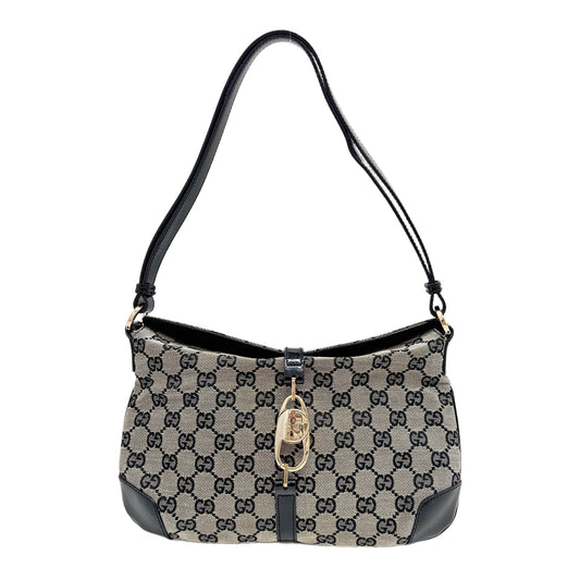 Beige GG Canvas Shoulder Bag with Black Patent Leather Trim