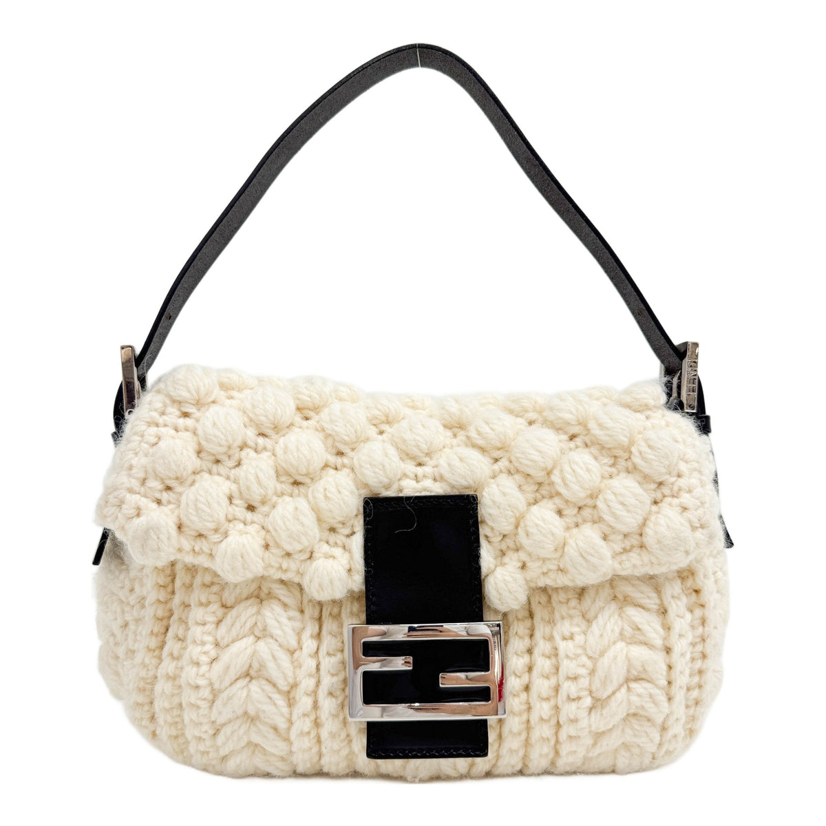 Baguette Leather Trim Popcorn Knit Crochet White Wool Shoulder Bag
