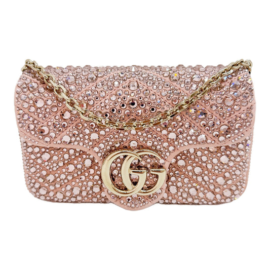 Super Mini Small GG Marmont Flap Rhinestone Embellished Pink Suede Shoulder Bag