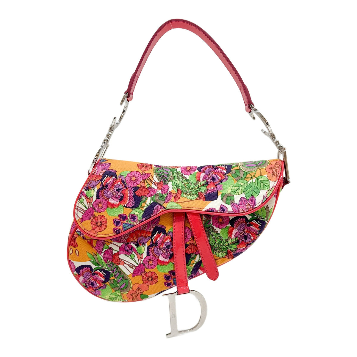 Hawaii Saddle Orange Canvas with Multicolor Floral Design and Patent Leather Trim Shoulder Bag