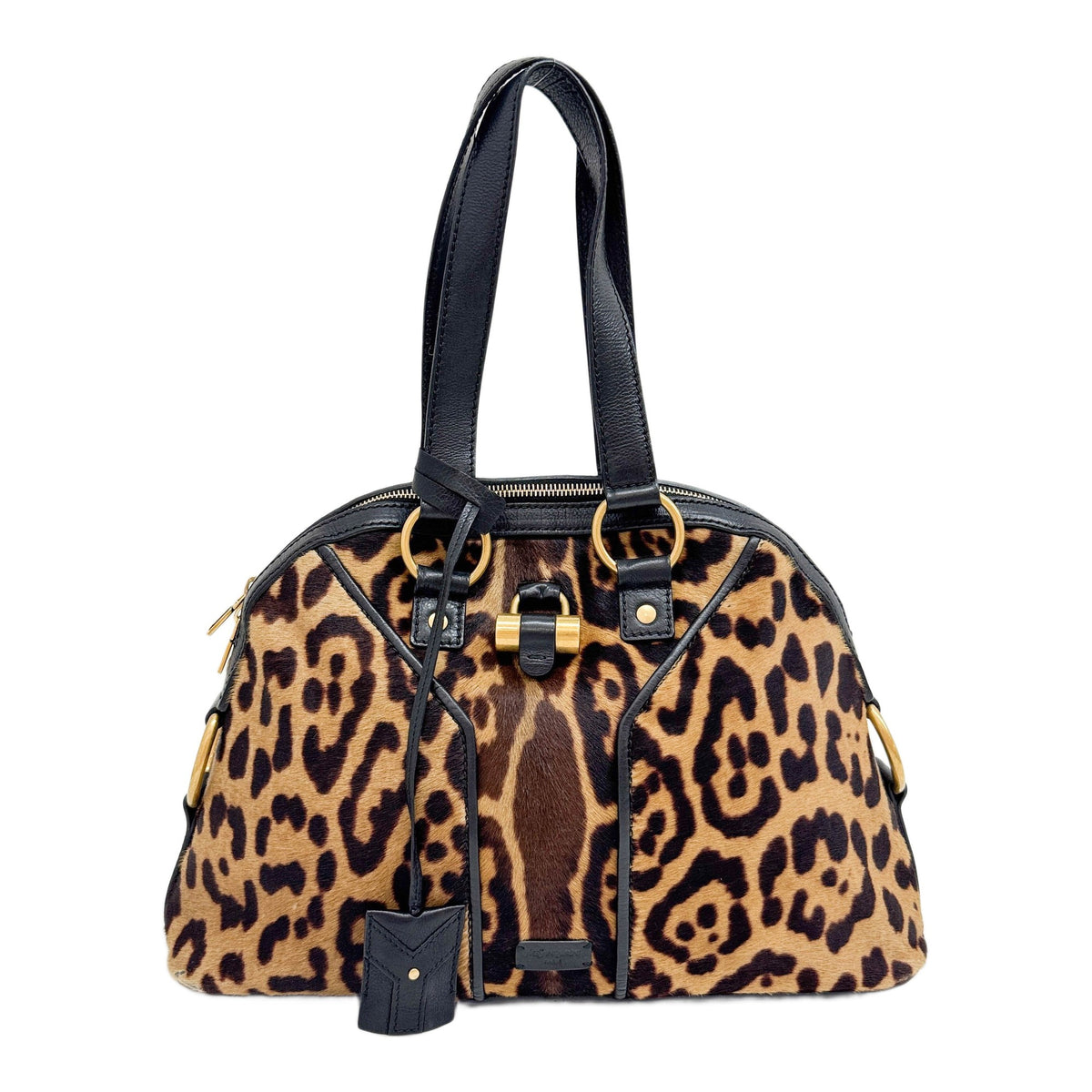 Muse Brown Leopard Print Pony Hair Hand Bag with Black Leather Trim