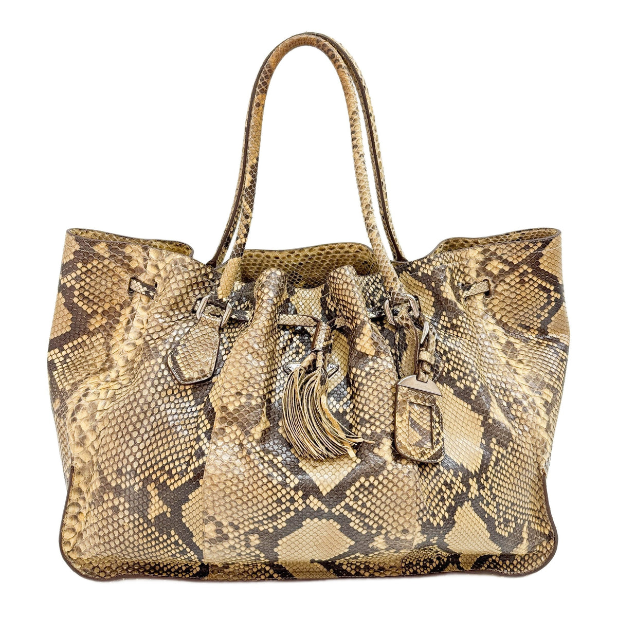Cinch Closure Brown Python Embossed Leather Tote Bag