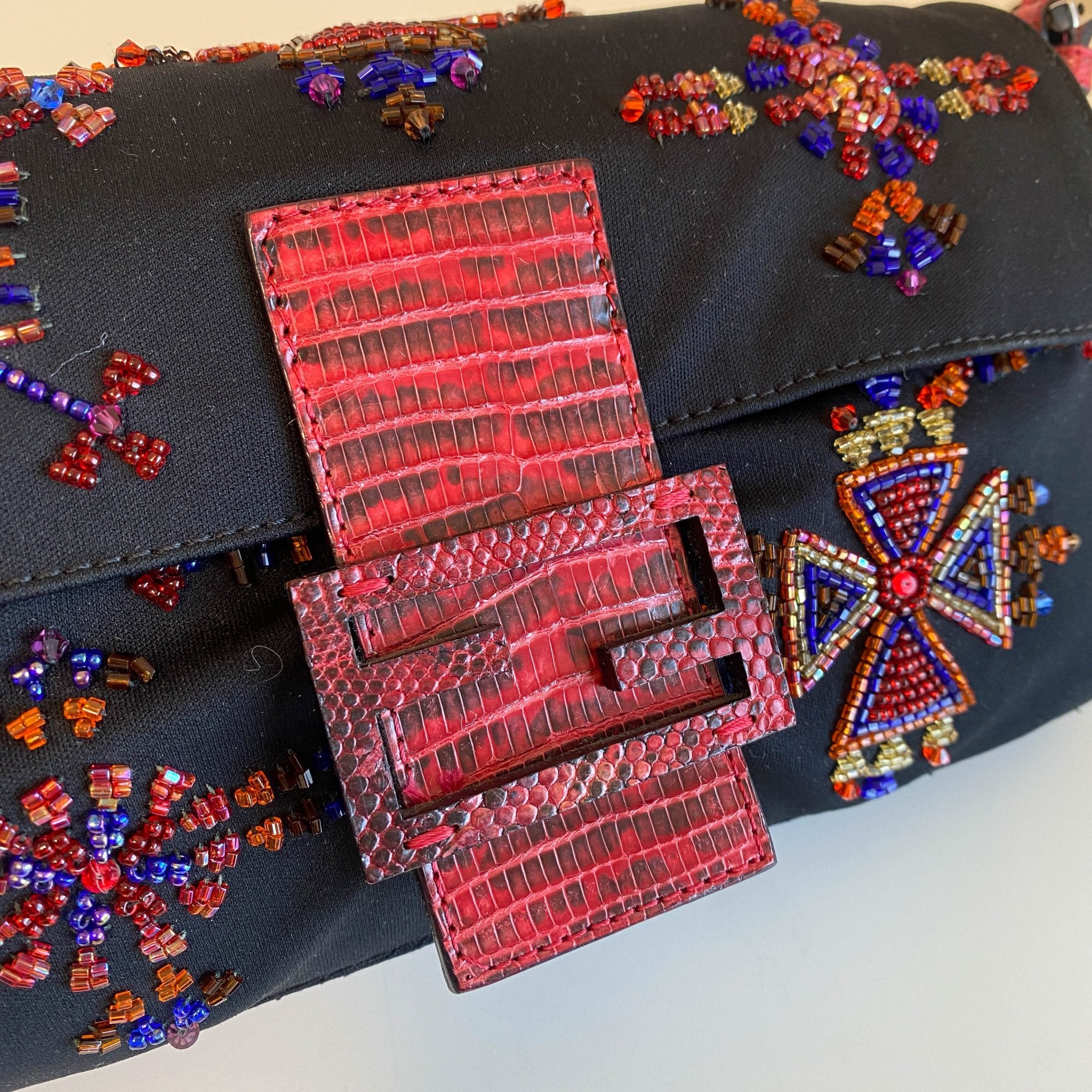 FENDI Baguette Beaded Geometric Pattern Black Neoprene Shoulder Bag, in , Sold by HIVE PRELOVED - Shoulder Bags, ,