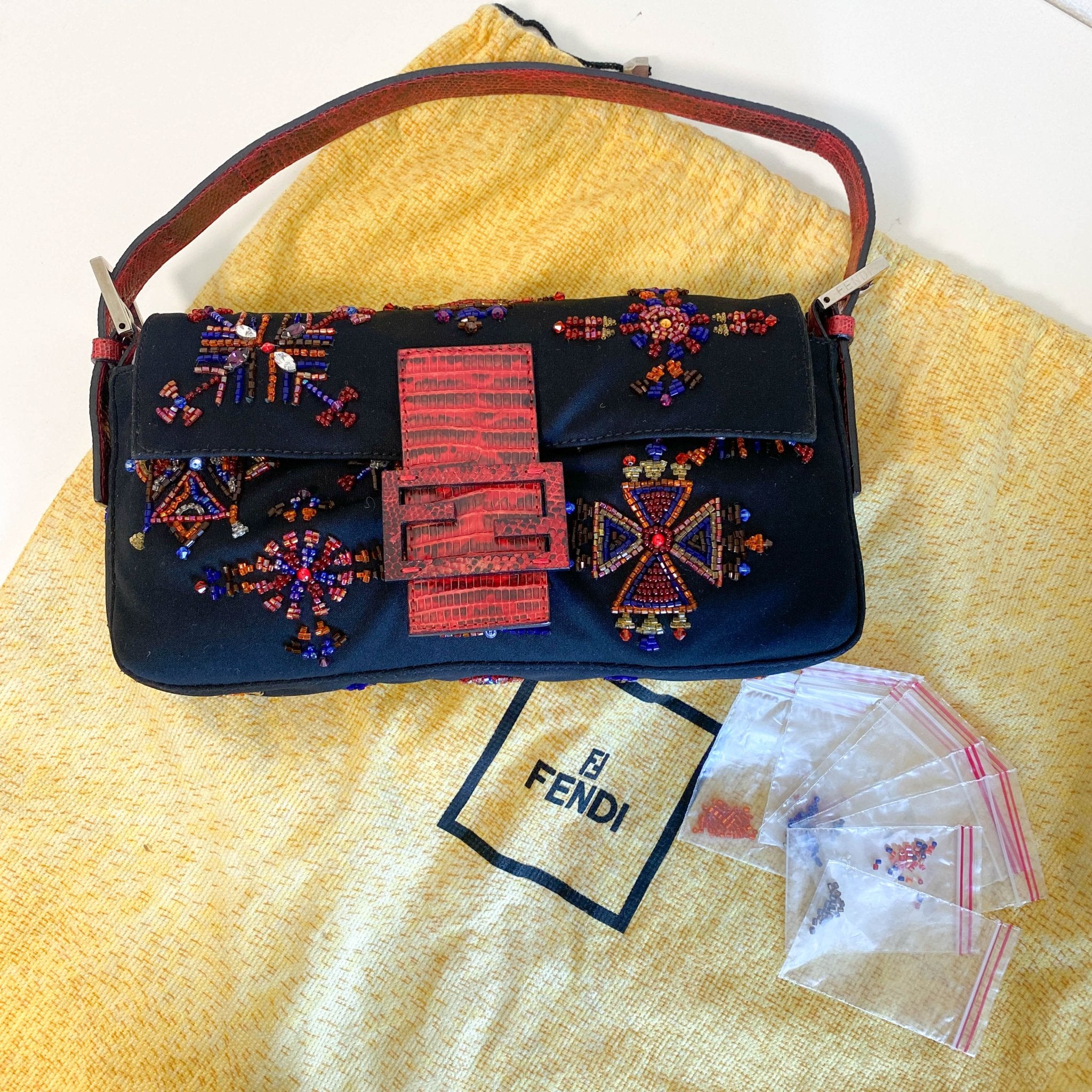 FENDI Baguette Beaded Geometric Pattern Black Neoprene Shoulder Bag, in , Sold by HIVE PRELOVED - Shoulder Bags, ,