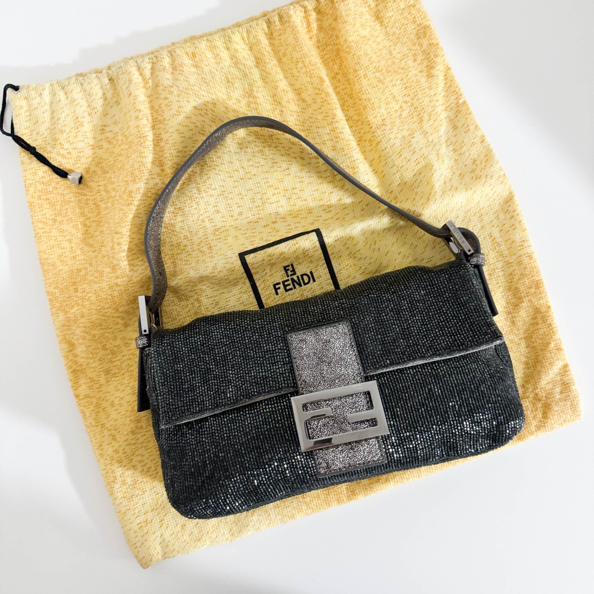 FENDI Baguette Beaded Metallic Silver / Chacoal Grey Shoulder Bag, in , Sold by HIVE PRELOVED - Shoulder Bags, ,