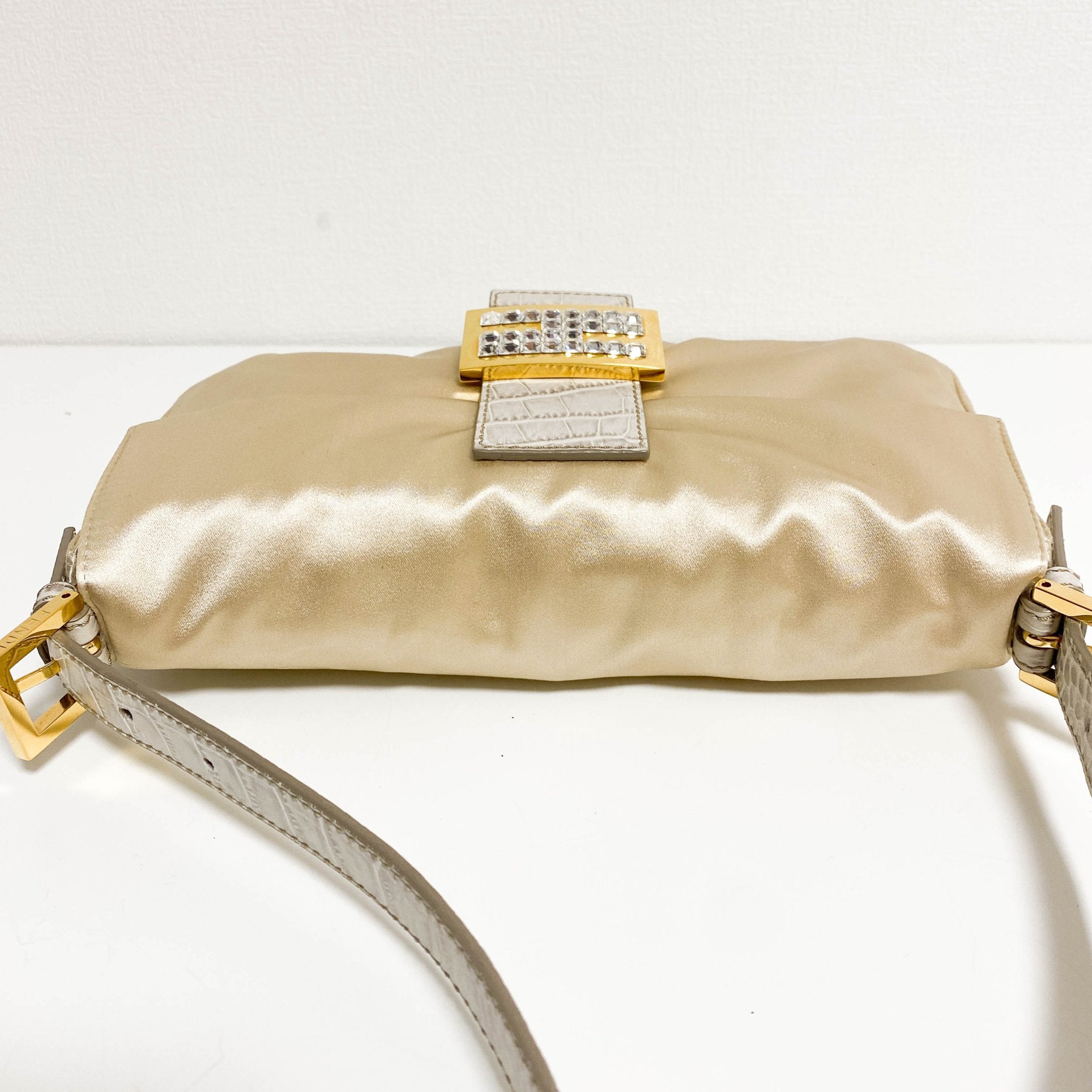 FENDI Baguette Beige Satin with Rhinestone Hardware, in , Sold by HIVE PRELOVED - Shoulder Bags, ,