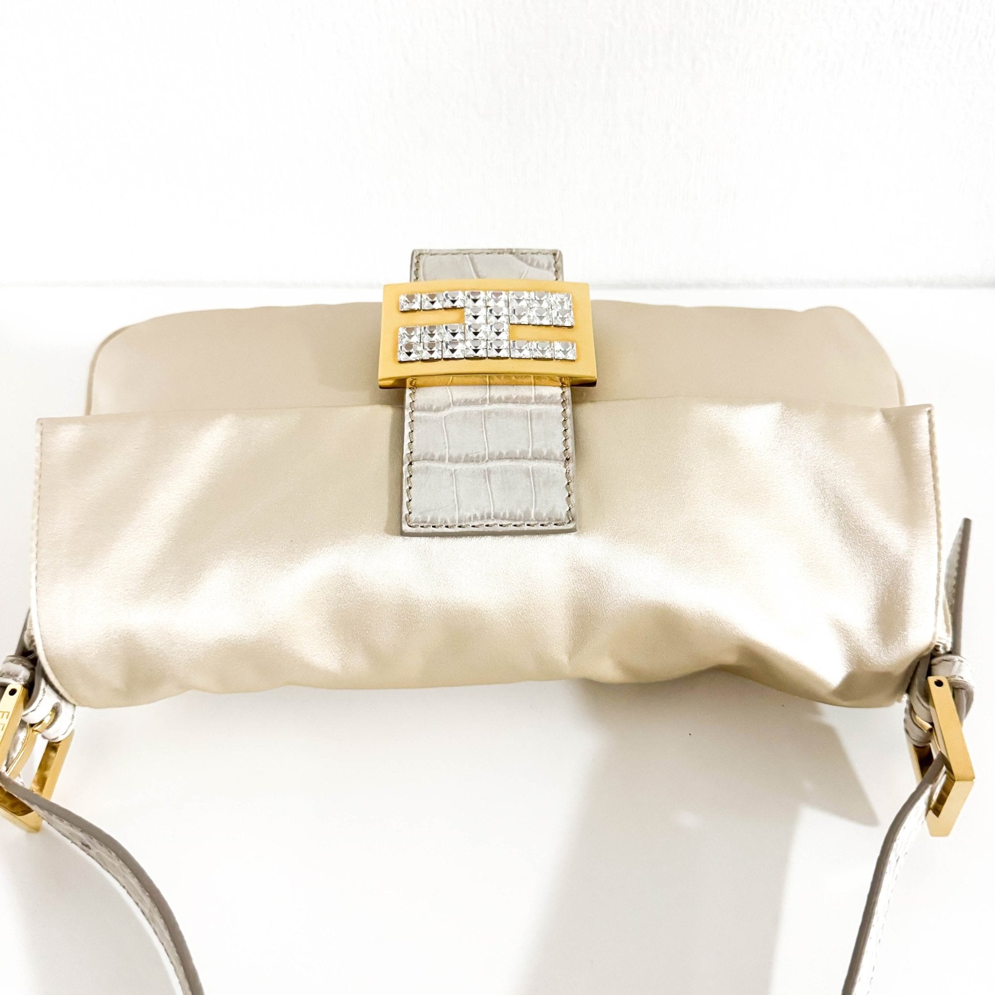 FENDI Baguette Beige Satin/Lizard with Rhinestone Hardware, in , Sold by HIVE PRELOVED - Shoulder Bags, ,