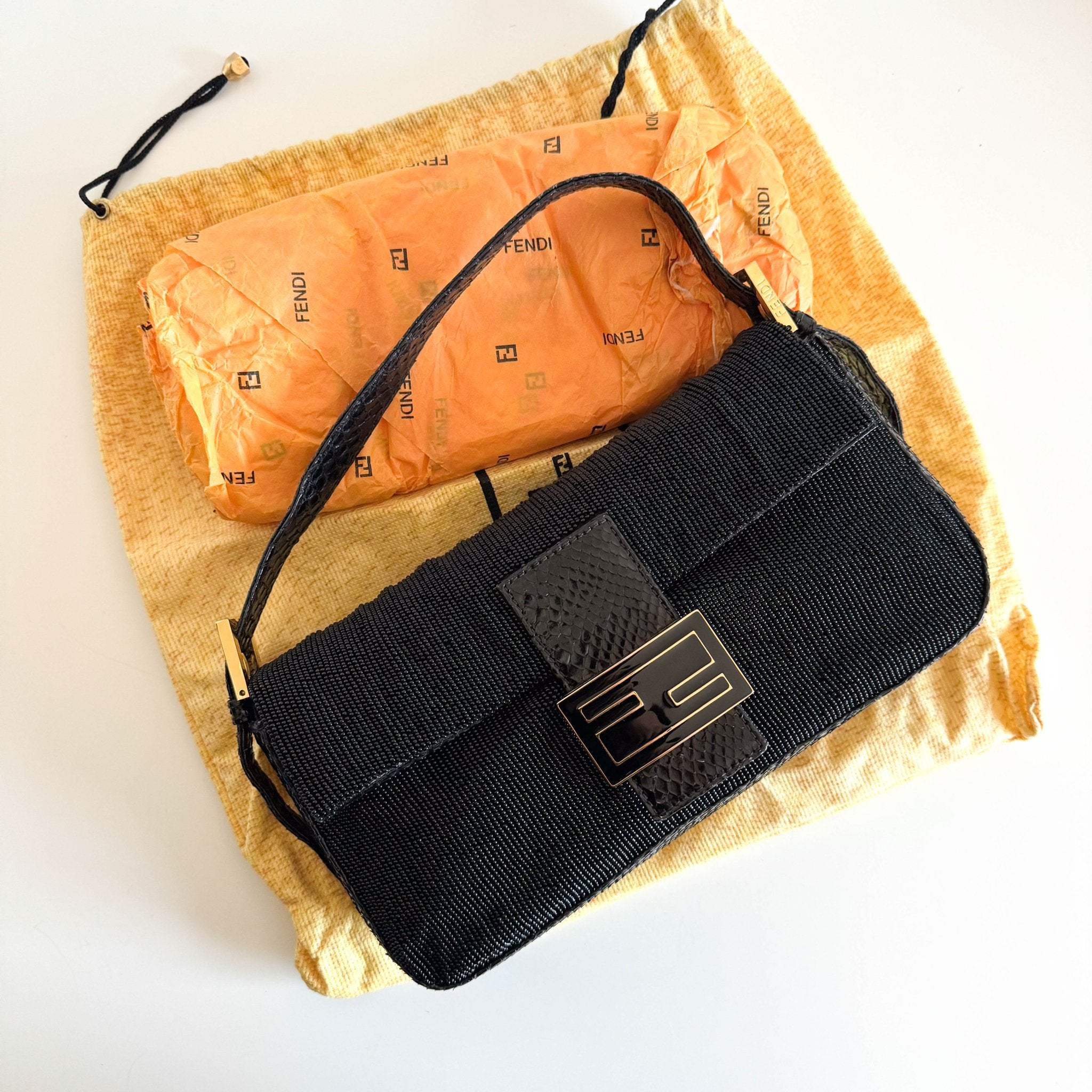 FENDI Baguette Black Beaded Shoulder Bag Black / Gold Hardware, in , Sold by HIVE PRELOVED - Shoulder Bags, ,