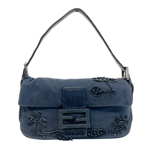 FENDI Baguette Black Cashmere and Pony Hair Flower Beaded Shoulder Bag, in , Sold by HIVE PRELOVED - Shoulder Bags, ,