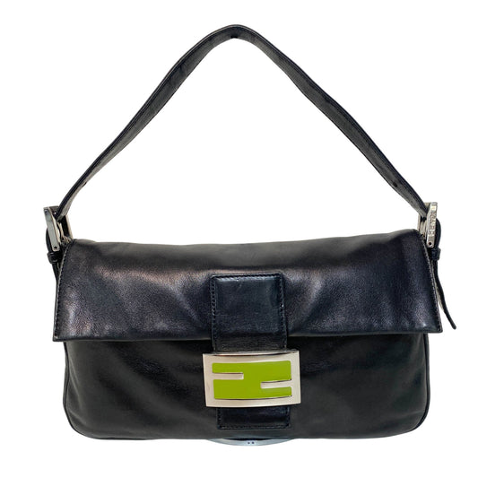FENDI Baguette Black Leather Shoulder Bag Green / Silver Hardware, in , Sold by HIVE PRELOVED - Shoulder Bags, ,