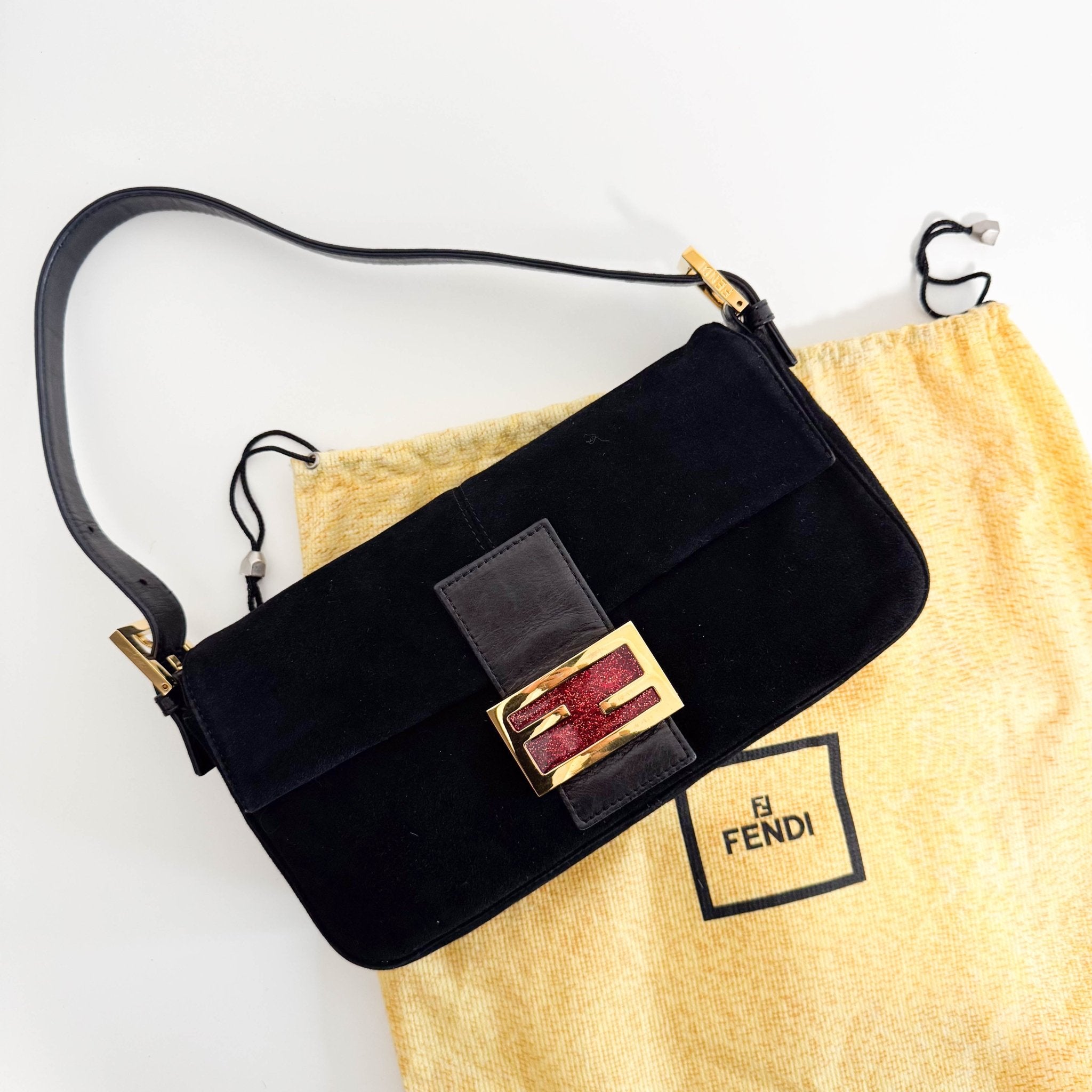 FENDI Baguette Black Suede Gold Hardware Shoulder Bag, in , Sold by HIVE PRELOVED - Shoulder Bags, ,