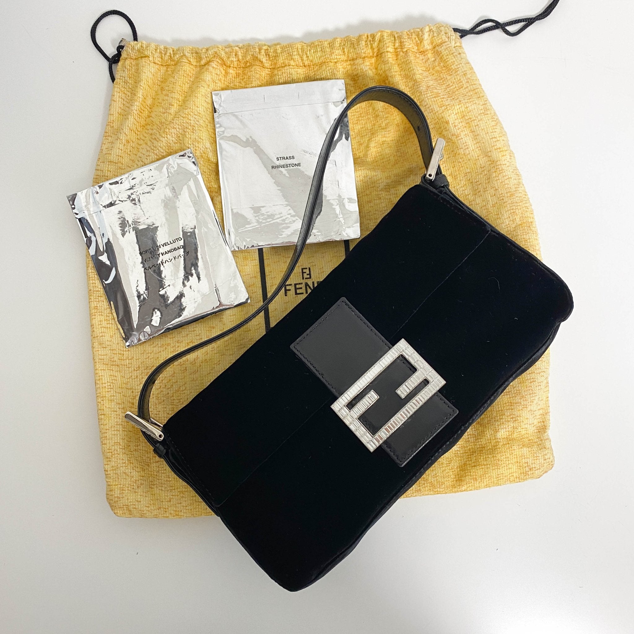 FENDI Baguette Black Velvet Rhinestone Hardware Shoulder Bag, in , Sold by HIVE PRELOVED - Shoulder Bags, ,