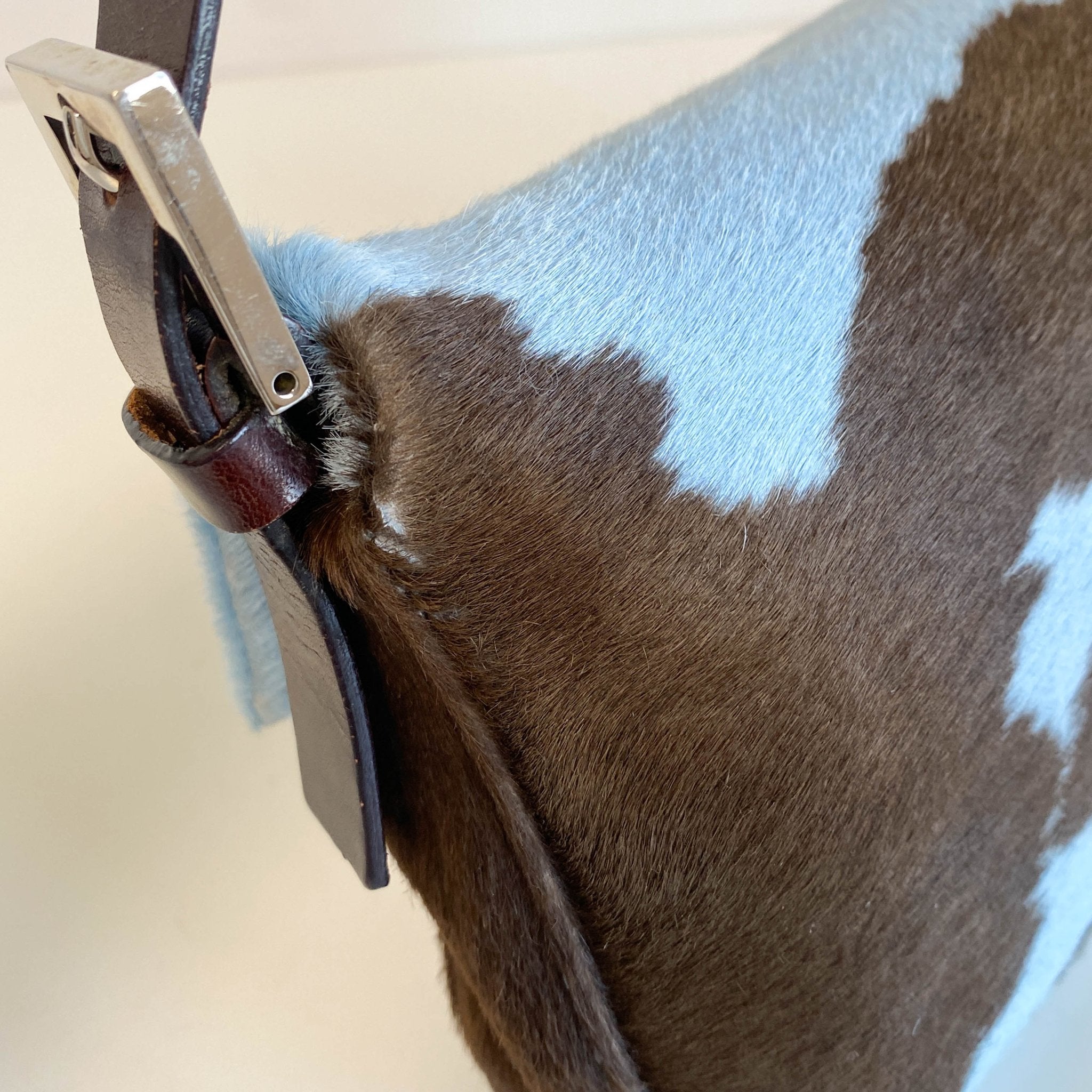 FENDI Baguette Blue / Brown Cow Print Pony Hair Shoulder Bag, in , Sold by HIVE PRELOVED - Shoulder Bags, ,