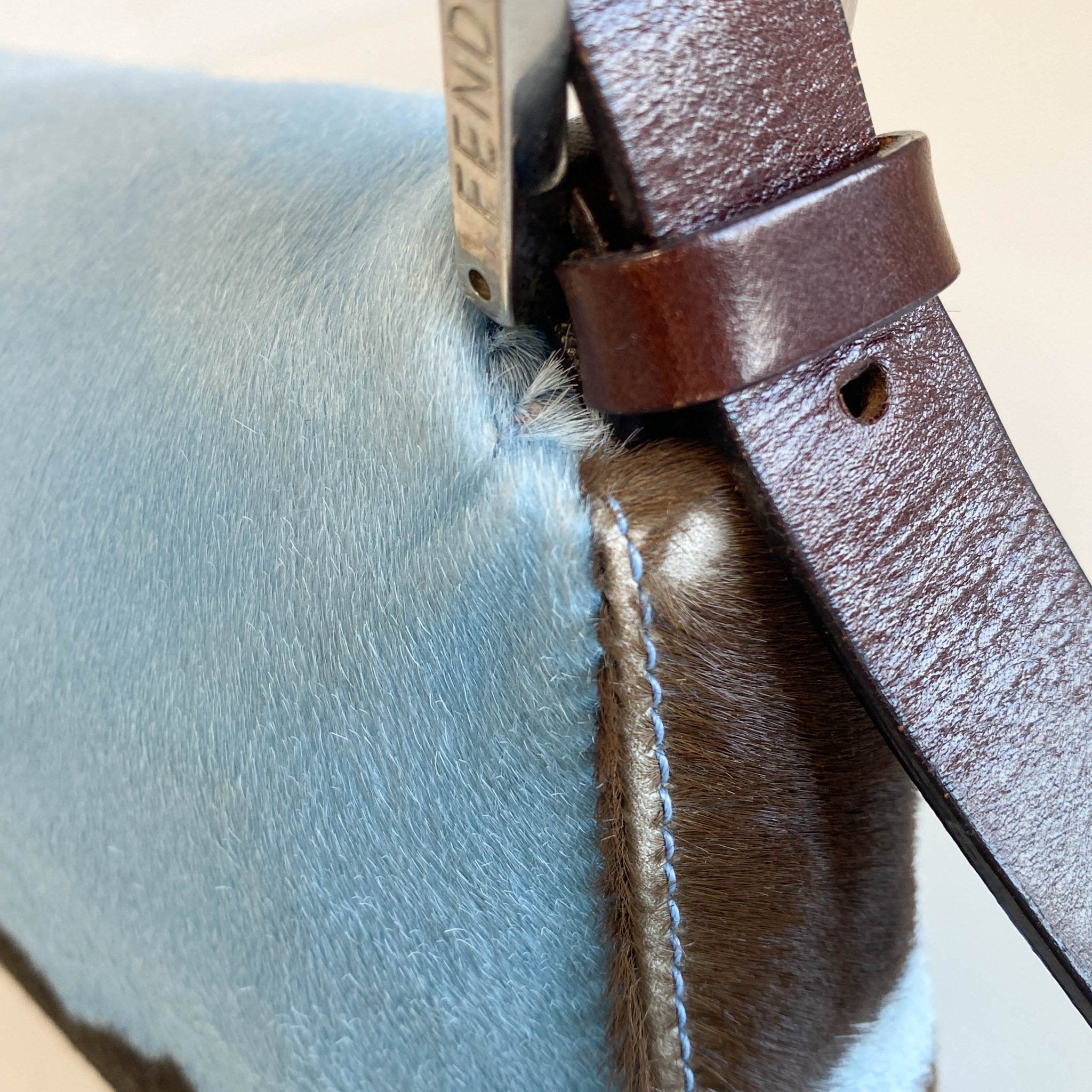 FENDI Baguette Blue / Brown Cow Print Pony Hair Shoulder Bag, in , Sold by HIVE PRELOVED - Shoulder Bags, ,