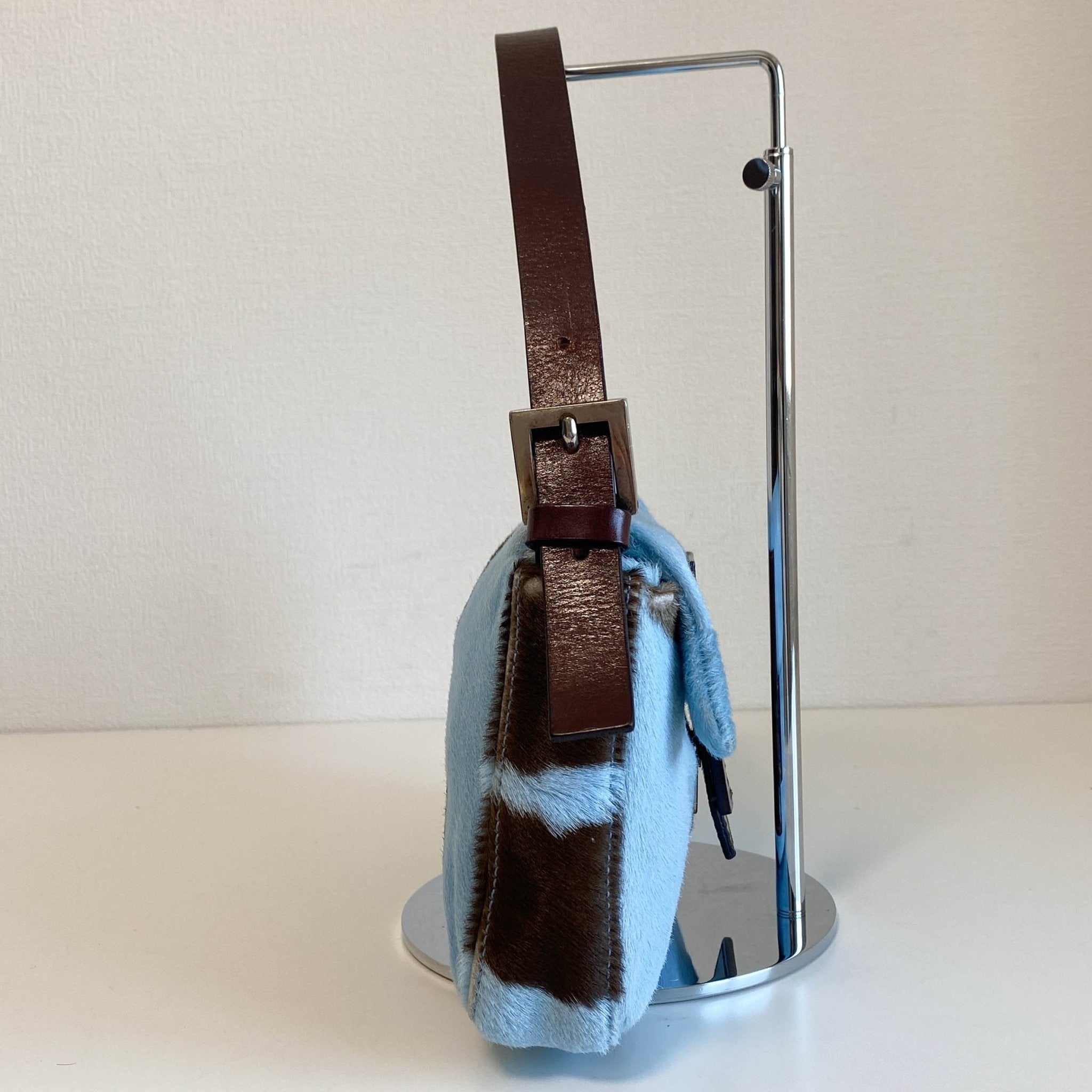 FENDI Baguette Blue / Brown Cow Print Pony Hair Shoulder Bag, in , Sold by HIVE PRELOVED - Shoulder Bags, ,