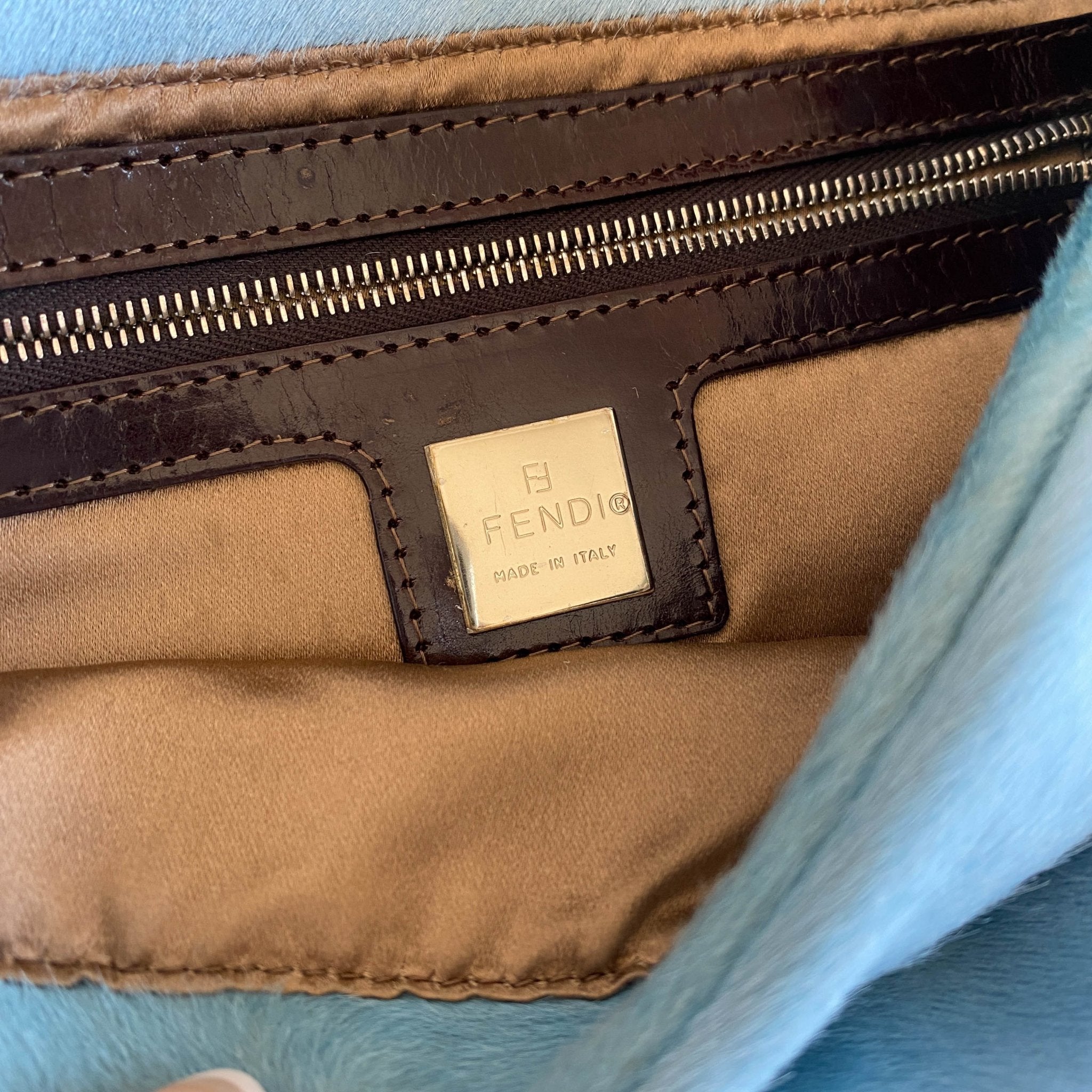 FENDI Baguette Blue / Brown Cow Print Pony Hair Shoulder Bag, in , Sold by HIVE PRELOVED - Shoulder Bags, ,