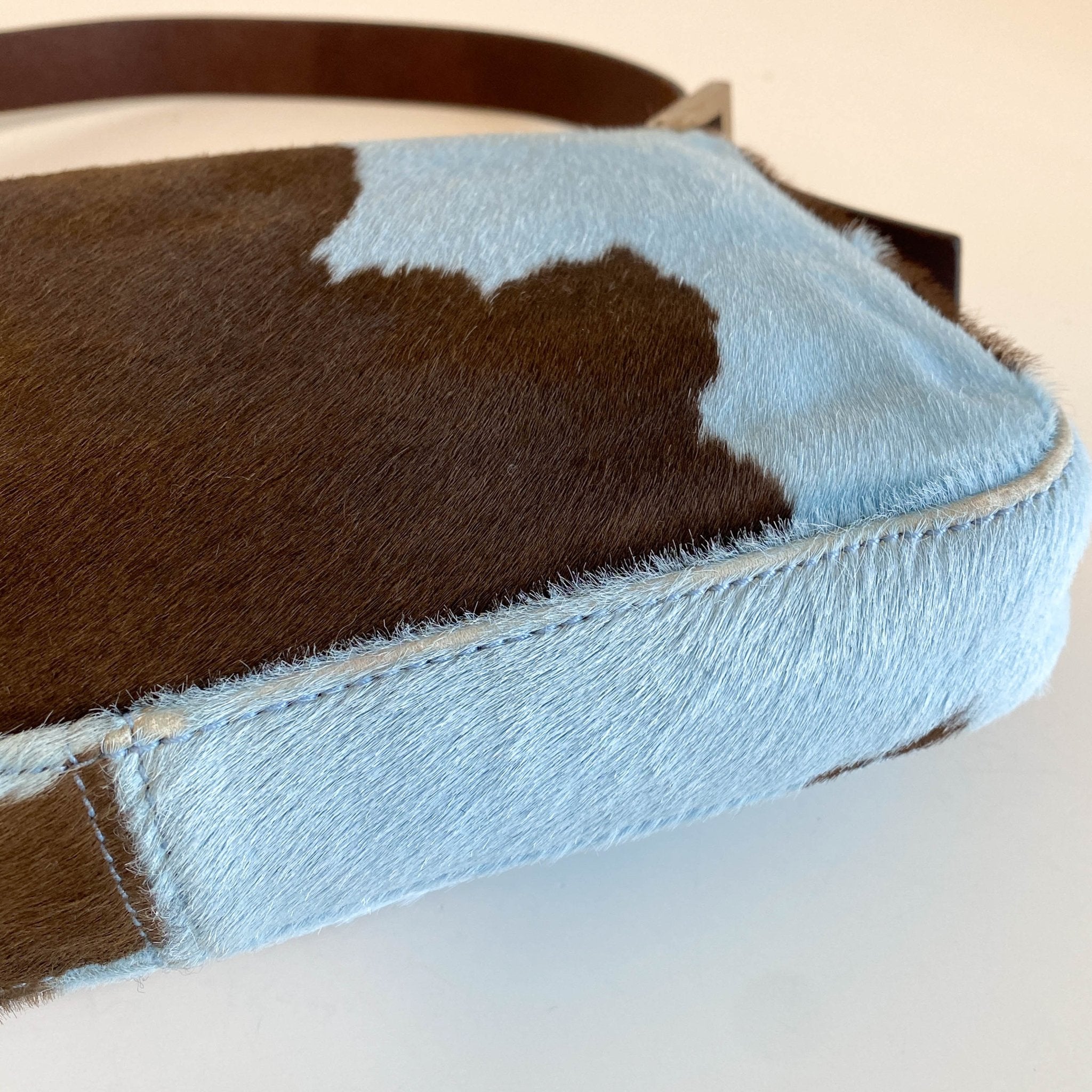 FENDI Baguette Blue / Brown Cow Print Pony Hair Shoulder Bag, in , Sold by HIVE PRELOVED - Shoulder Bags, ,