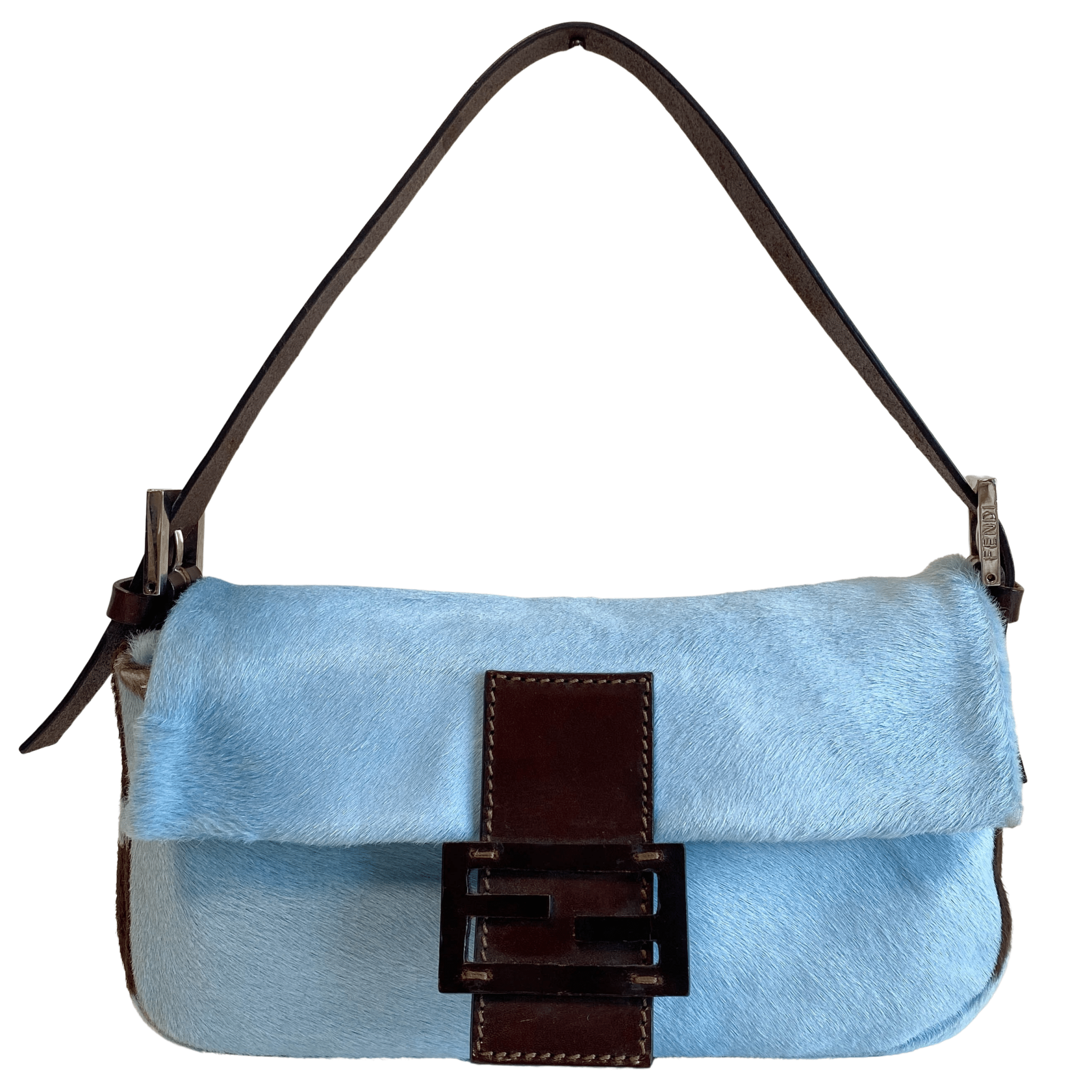 FENDI Baguette Blue / Brown Cow Print Pony Hair Shoulder Bag, in , Sold by HIVE PRELOVED - Shoulder Bags, ,