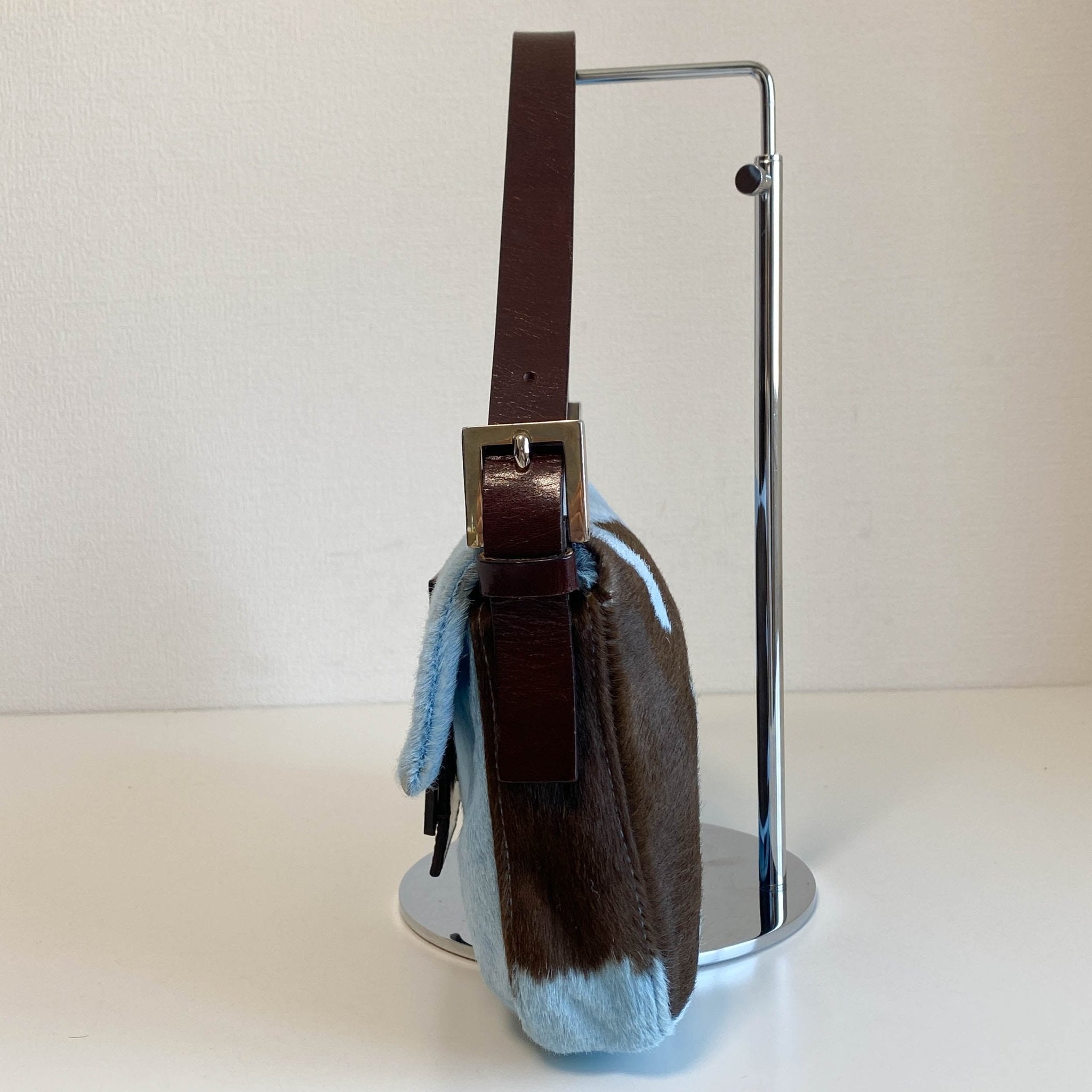 FENDI Baguette Blue / Brown Cow Print Pony Hair Shoulder Bag, in , Sold by HIVE PRELOVED - Shoulder Bags, ,