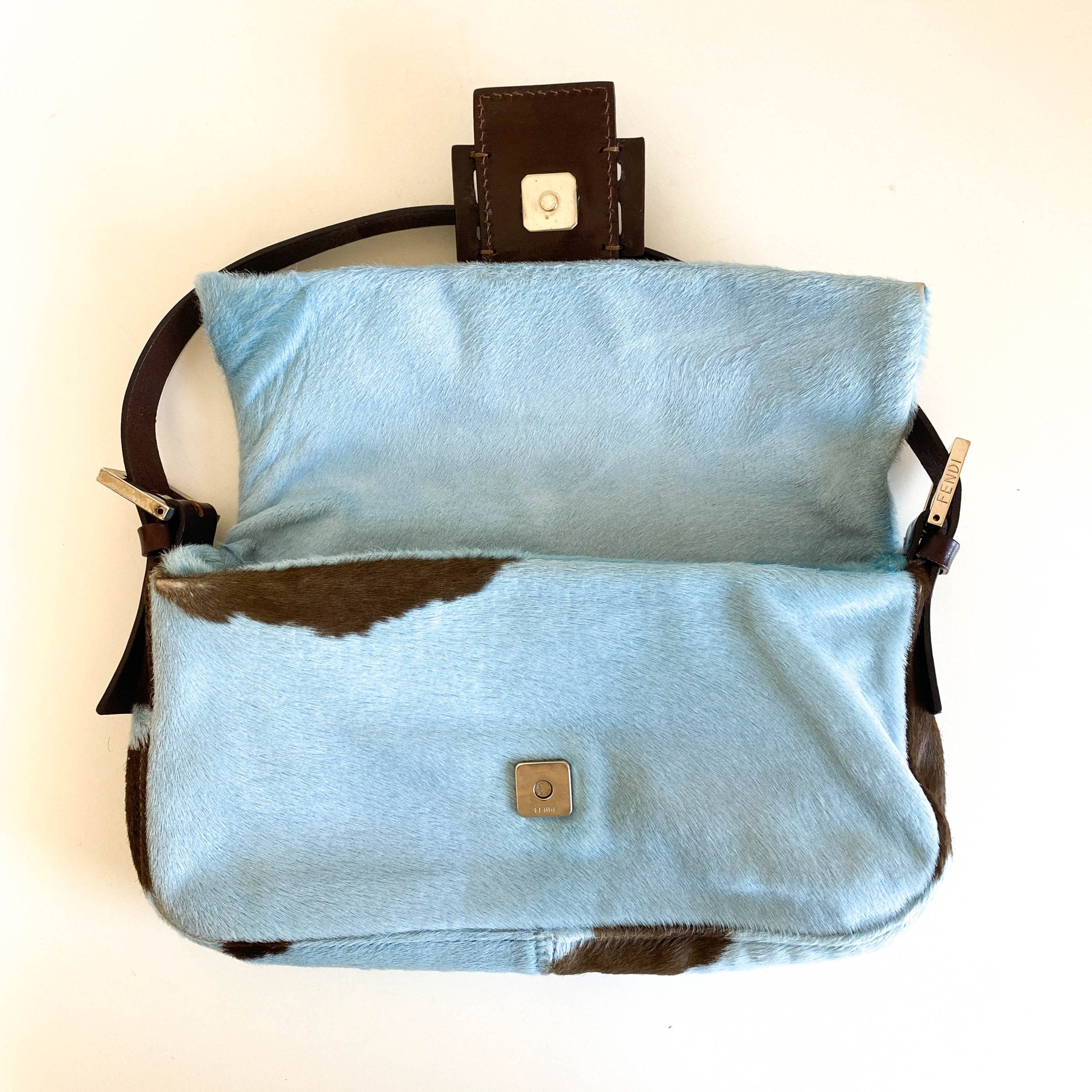 FENDI Baguette Blue / Brown Cow Print Pony Hair Shoulder Bag, in , Sold by HIVE PRELOVED - Shoulder Bags, ,
