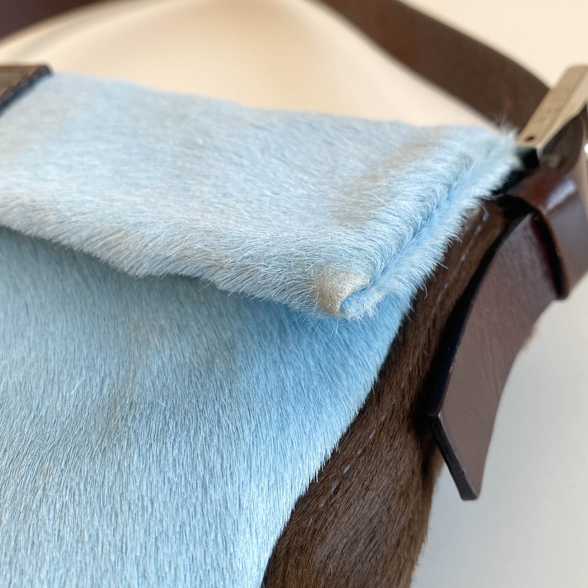 FENDI Baguette Blue / Brown Cow Print Pony Hair Shoulder Bag, in , Sold by HIVE PRELOVED - Shoulder Bags, ,