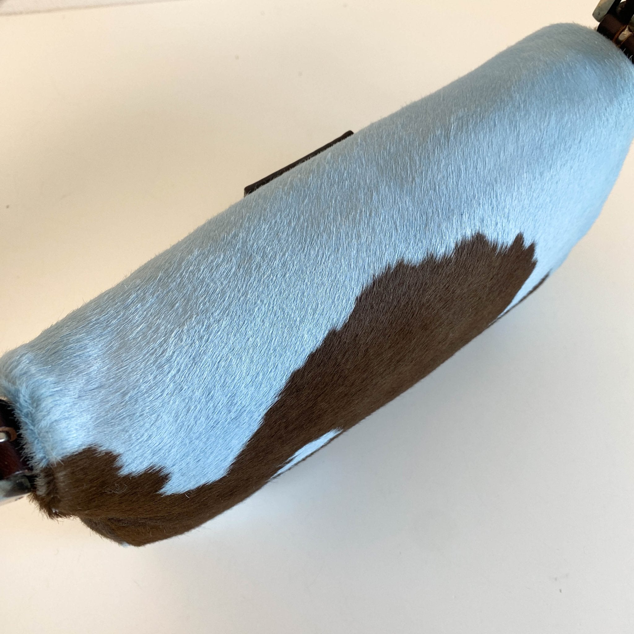 FENDI Baguette Blue / Brown Cow Print Pony Hair Shoulder Bag, in , Sold by HIVE PRELOVED - Shoulder Bags, ,