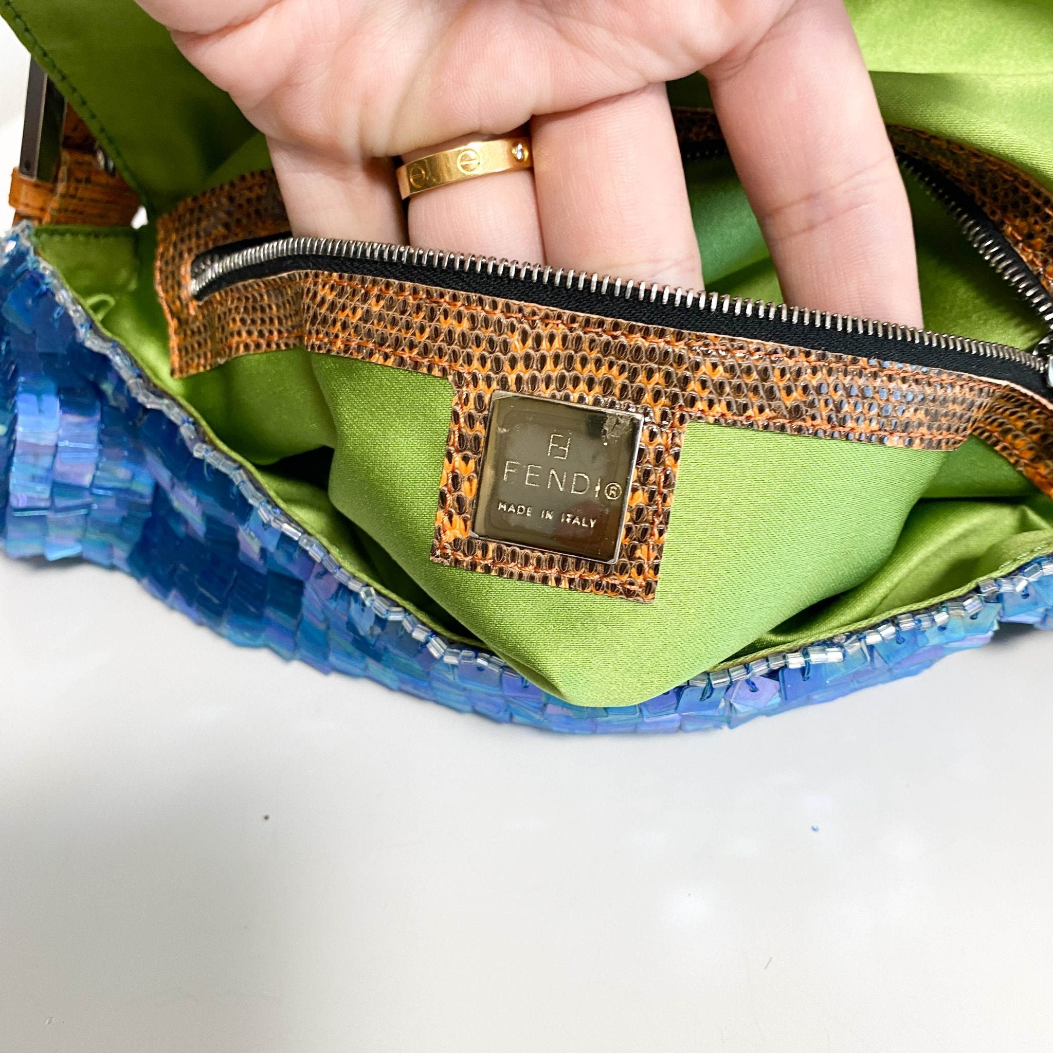 FENDI Baguette Blue Sequin Green Beads Shoulder Bag, in , Sold by HIVE PRELOVED - Shoulder Bags, ,