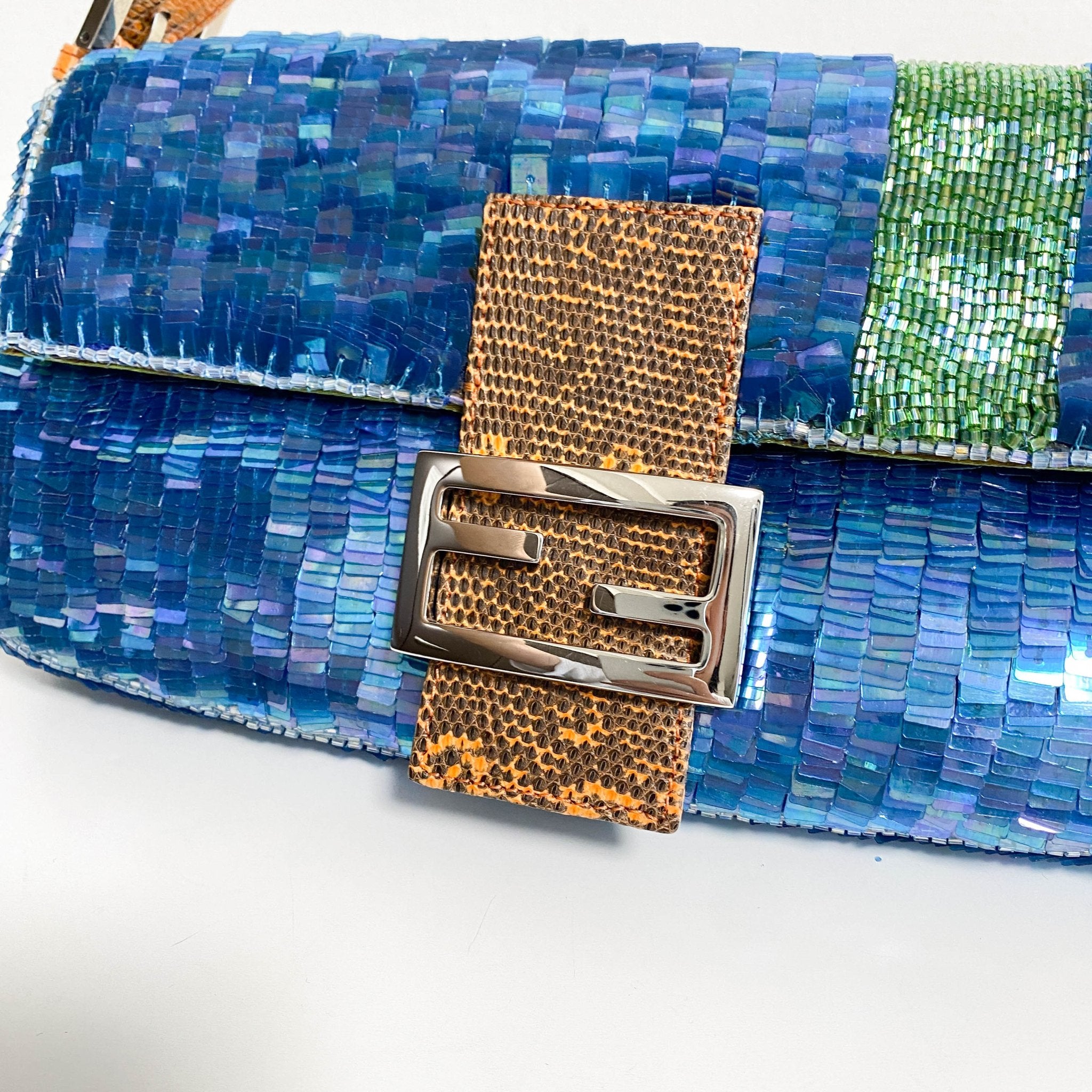 FENDI Baguette Blue Sequin Green Beads Shoulder Bag, in , Sold by HIVE PRELOVED - Shoulder Bags, ,
