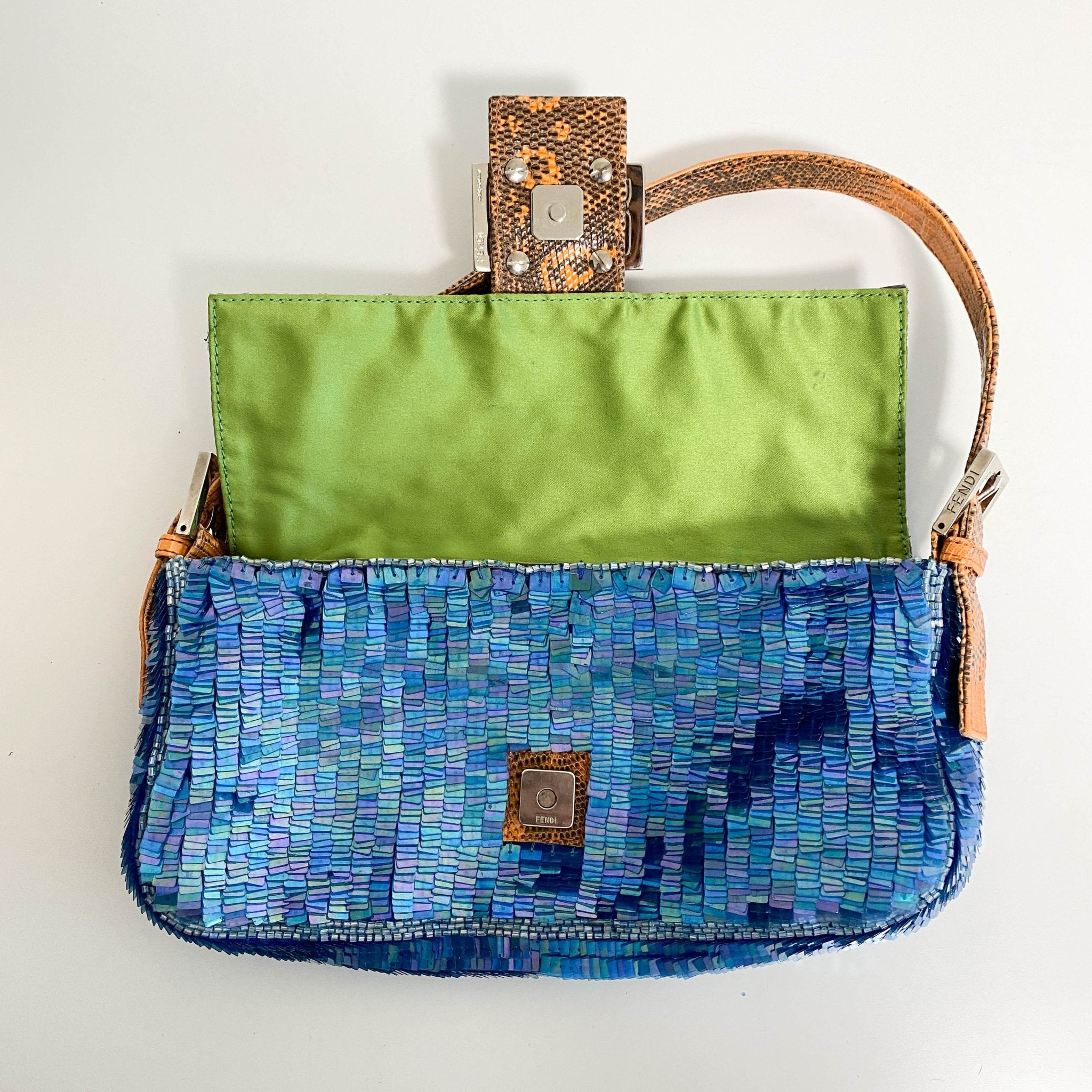 FENDI Baguette Blue Sequin Green Beads Shoulder Bag, in , Sold by HIVE PRELOVED - Shoulder Bags, ,