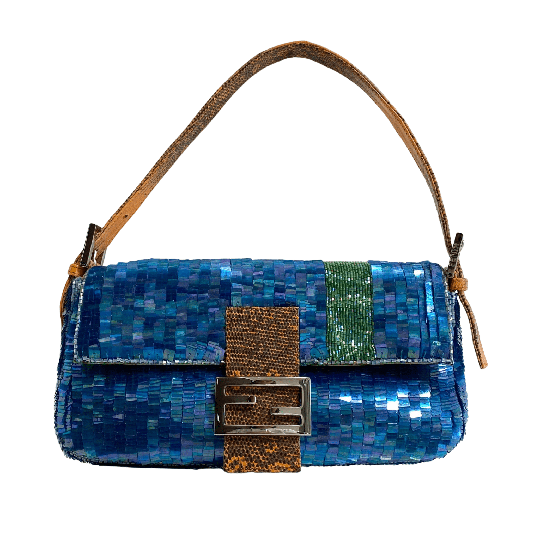 FENDI Baguette Blue Sequin Green Beads Shoulder Bag, in , Sold by HIVE PRELOVED - Shoulder Bags, ,