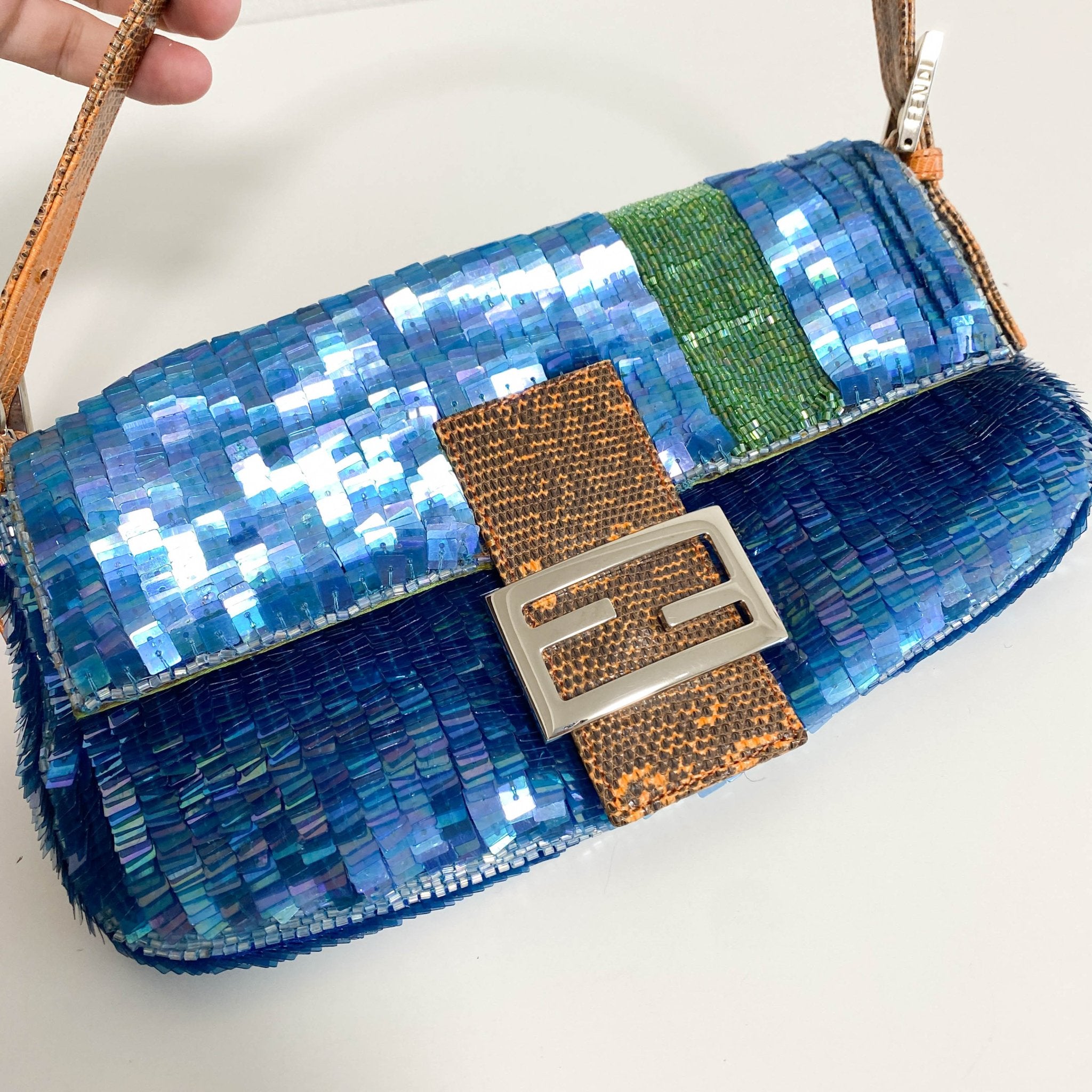 FENDI Baguette Blue Sequin Green Beads Shoulder Bag, in , Sold by HIVE PRELOVED - Shoulder Bags, ,