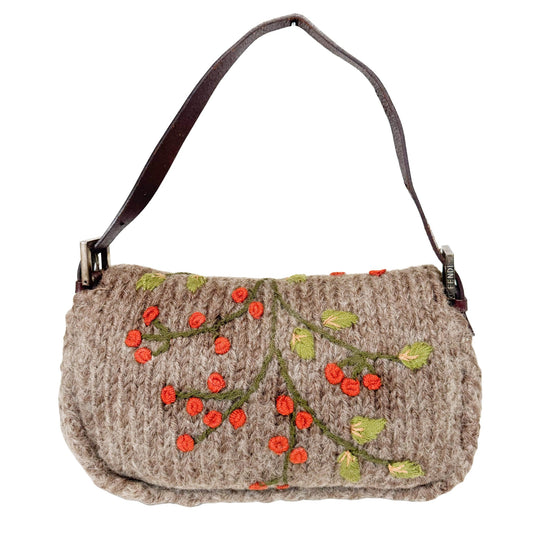 FENDI Baguette Brown Wool with Flower Embroidery, in , Sold by HIVE PRELOVED - Shoulder Bags, ,