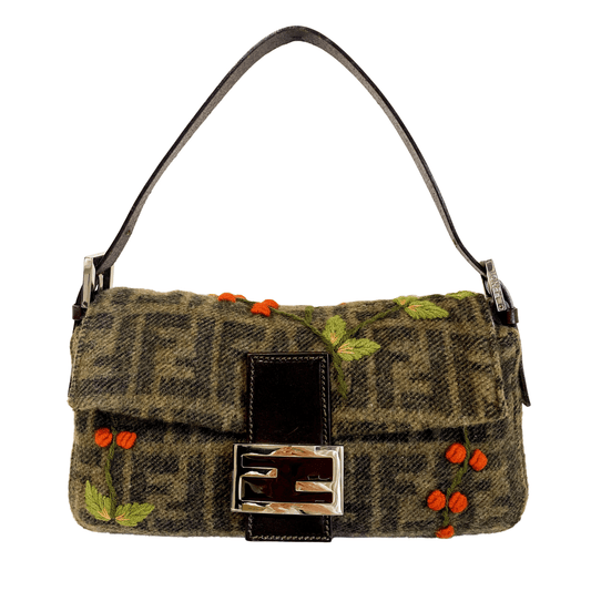 FENDI Baguette Brown Woven Wool with Flower Embroidery, in , Sold by HIVE PRELOVED - Shoulder Bags, ,