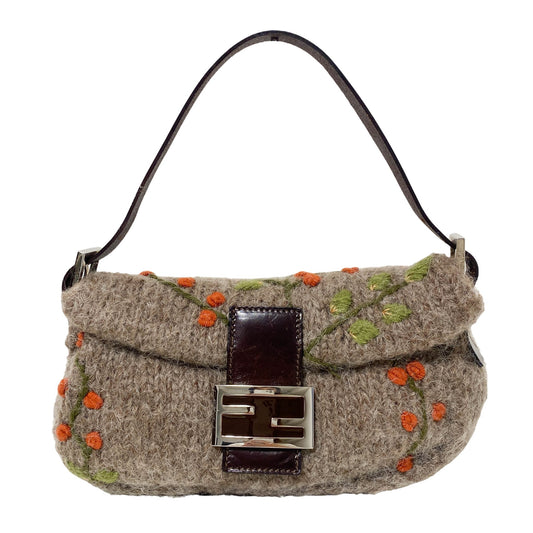 FENDI Baguette Brown Woven Wool with Flower Embroidery, in , Sold by HIVE PRELOVED - Shoulder Bags, ,