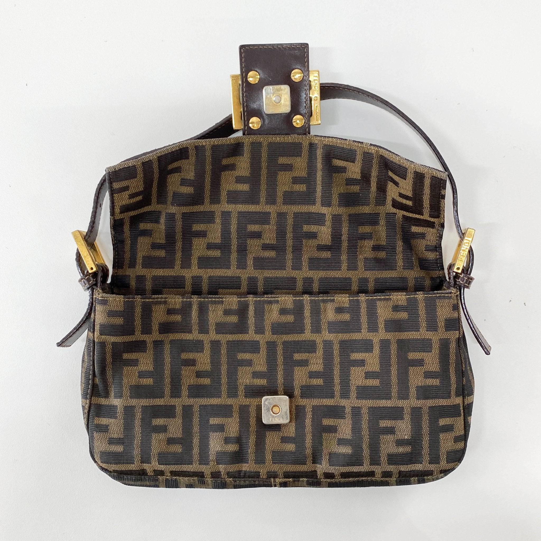 FENDI Baguette Brown Zucca Canvas Shoulder Bag with Gold Hardware, in , Sold by HIVE PRELOVED - Shoulder Bags, ,