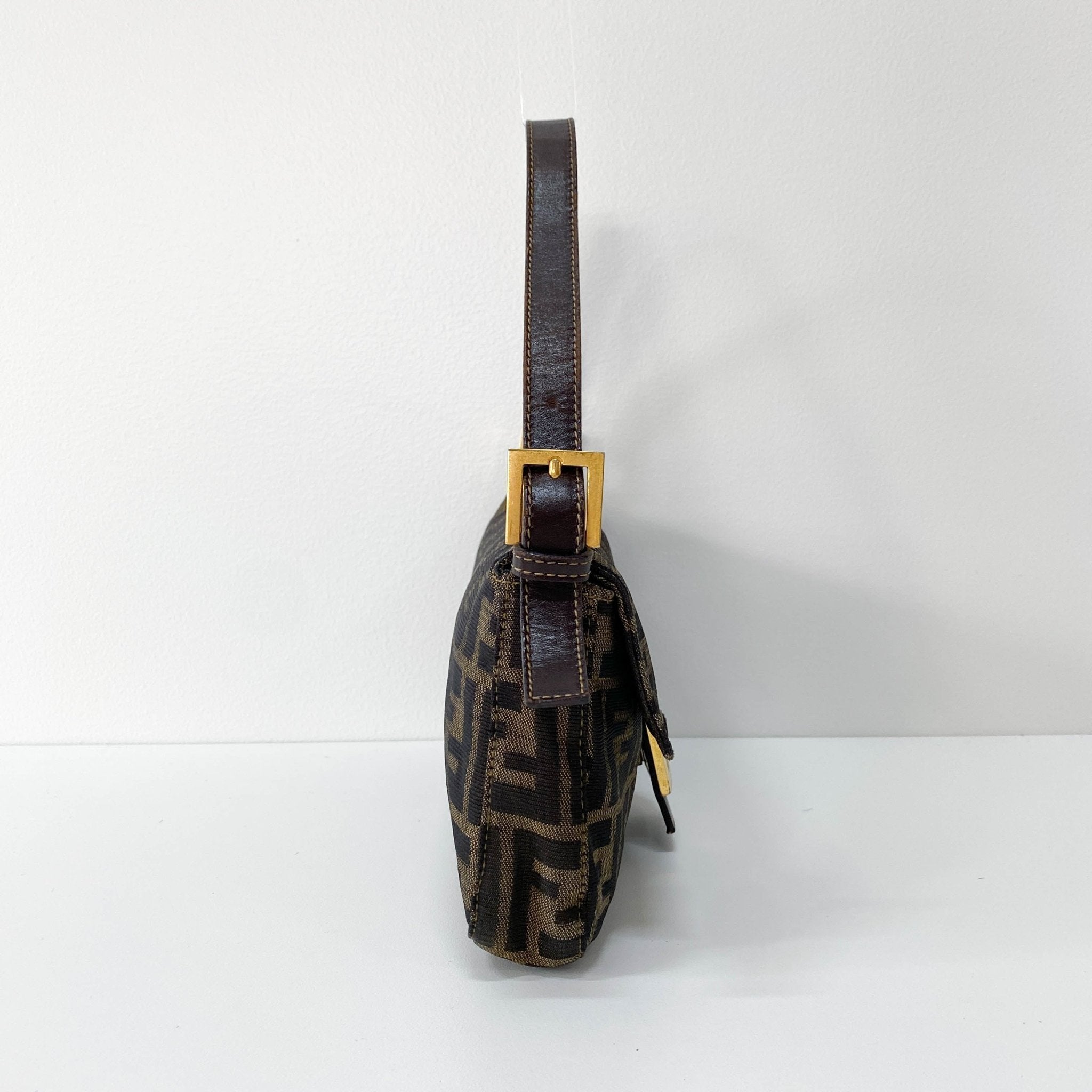 FENDI Baguette Brown Zucca Canvas Shoulder Bag with Gold Hardware, in , Sold by HIVE PRELOVED - Shoulder Bags, ,