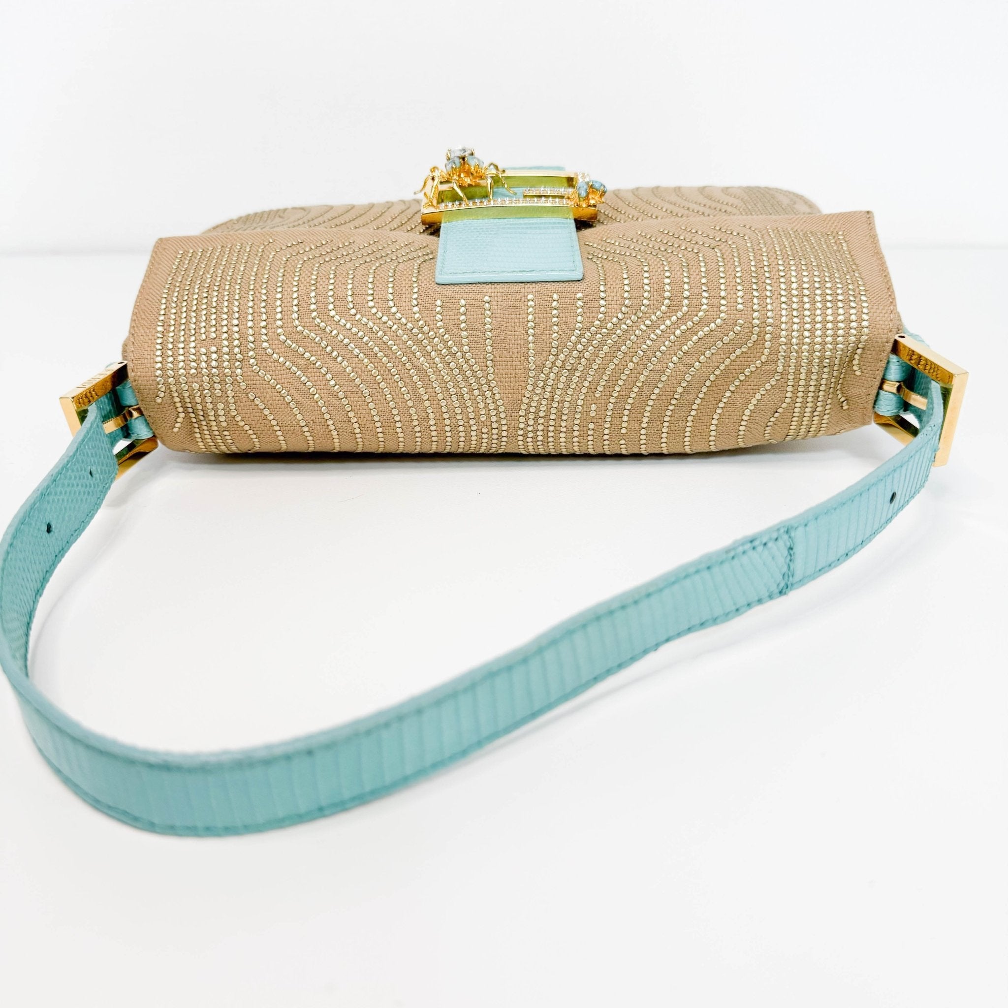FENDI Baguette Canvas Studded Spider Hardware Beige / Turquoise Shoulder Bag, in , Sold by HIVE PRELOVED - Shoulder Bags, ,