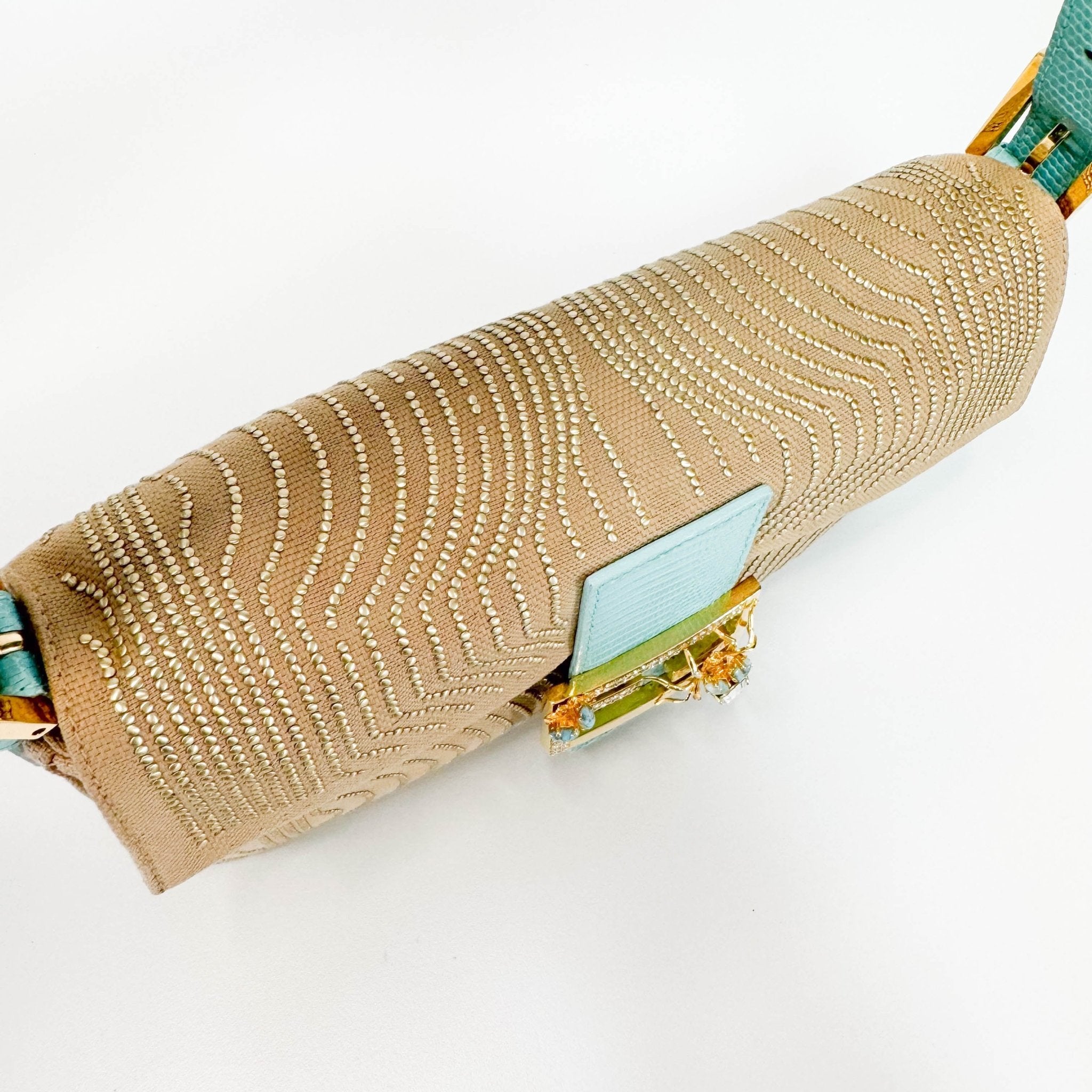 FENDI Baguette Canvas Studded Spider Hardware Beige / Turquoise Shoulder Bag, in , Sold by HIVE PRELOVED - Shoulder Bags, ,