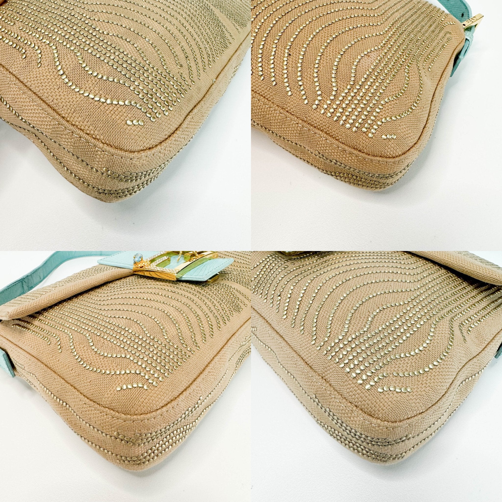 FENDI Baguette Canvas Studded Spider Hardware Beige / Turquoise Shoulder Bag, in , Sold by HIVE PRELOVED - Shoulder Bags, ,