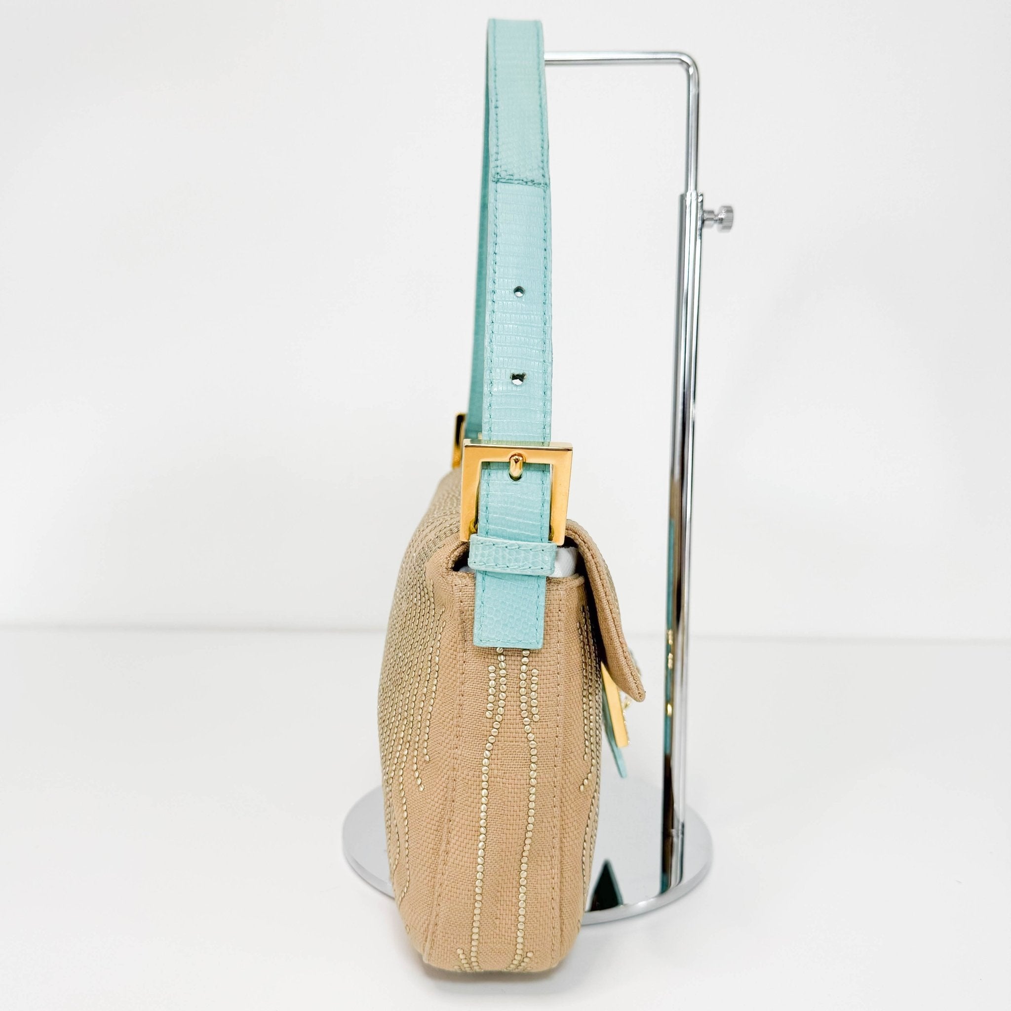 FENDI Baguette Canvas Studded Spider Hardware Beige / Turquoise Shoulder Bag, in , Sold by HIVE PRELOVED - Shoulder Bags, ,