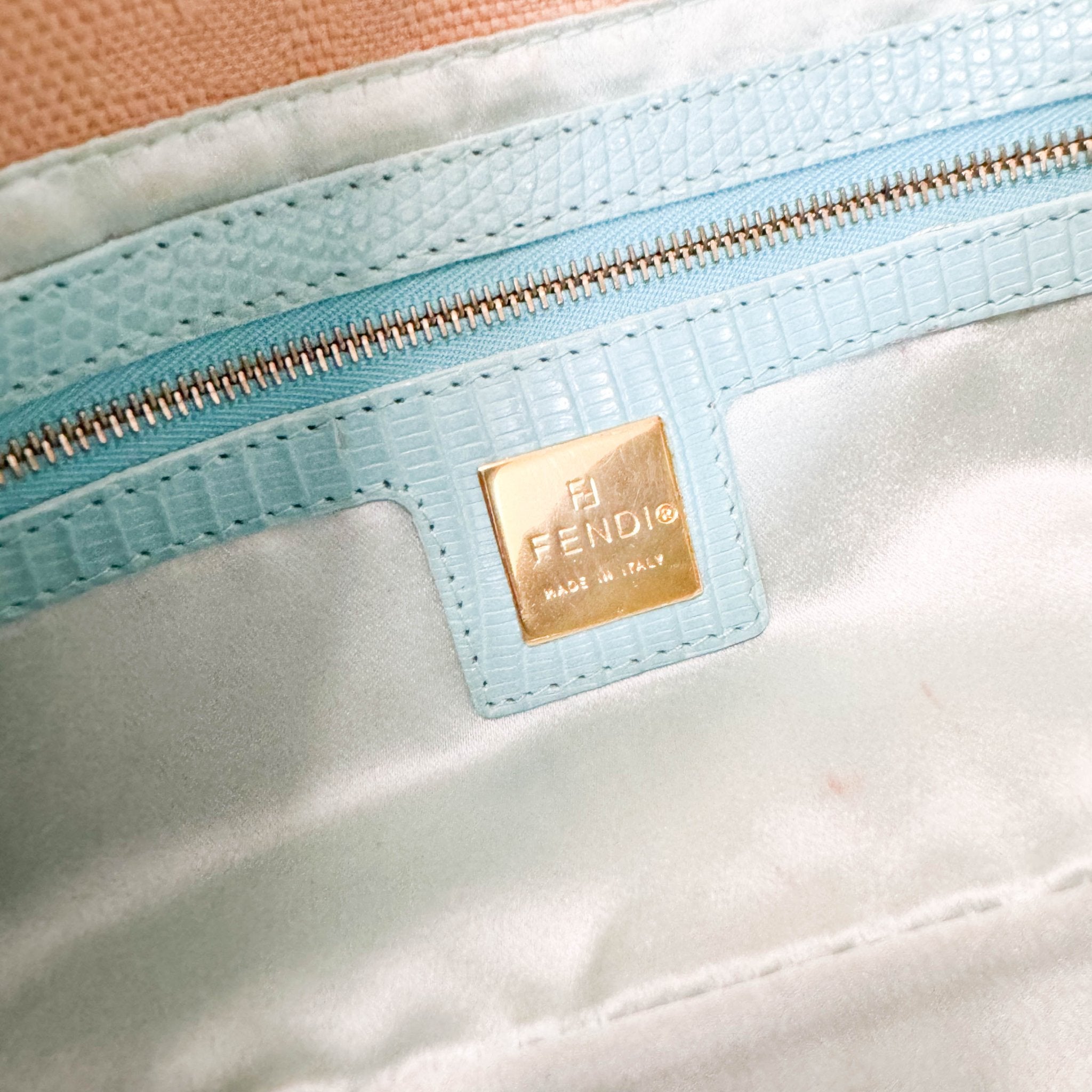 FENDI Baguette Canvas Studded Spider Hardware Beige / Turquoise Shoulder Bag, in , Sold by HIVE PRELOVED - Shoulder Bags, ,