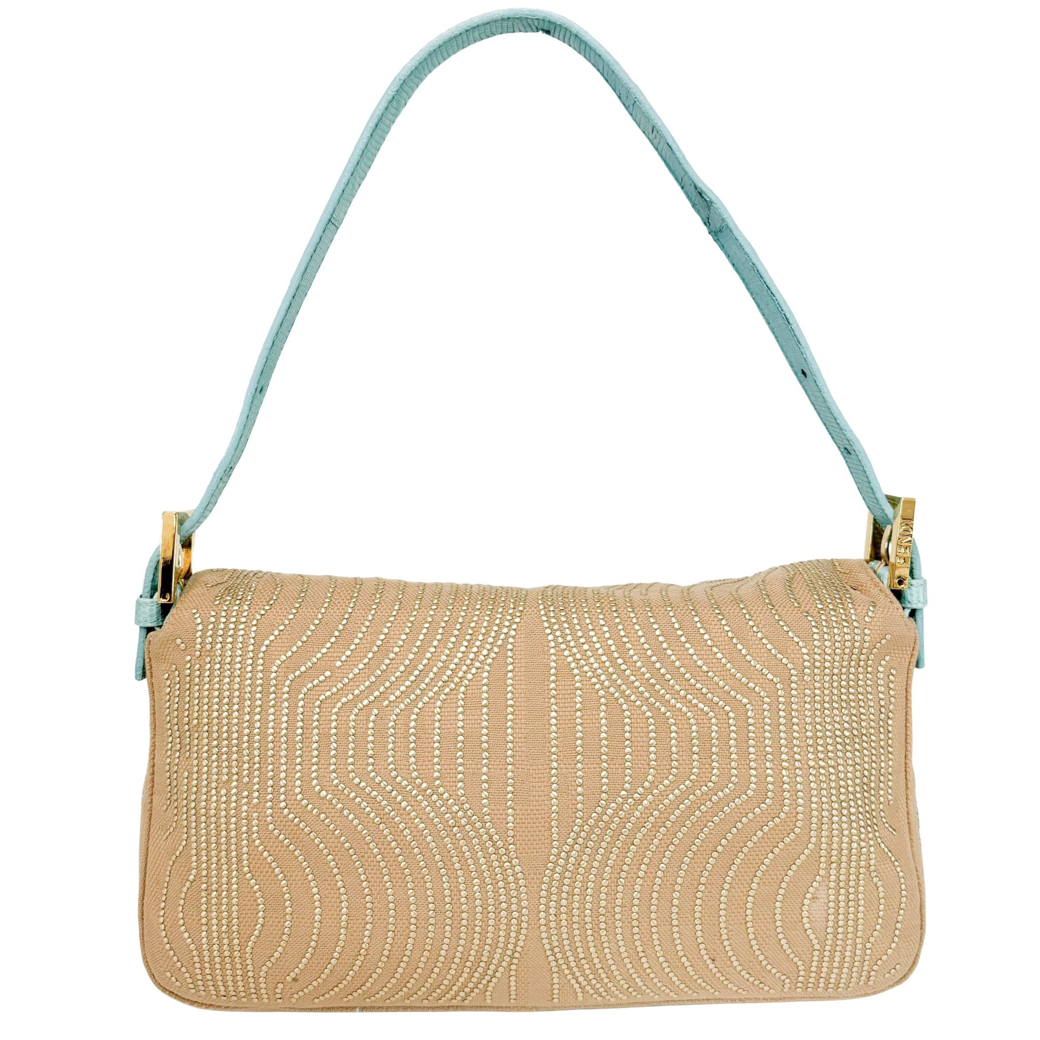 FENDI Baguette Canvas Studded Spider Hardware Beige / Turquoise Shoulder Bag, in , Sold by HIVE PRELOVED - Shoulder Bags, ,