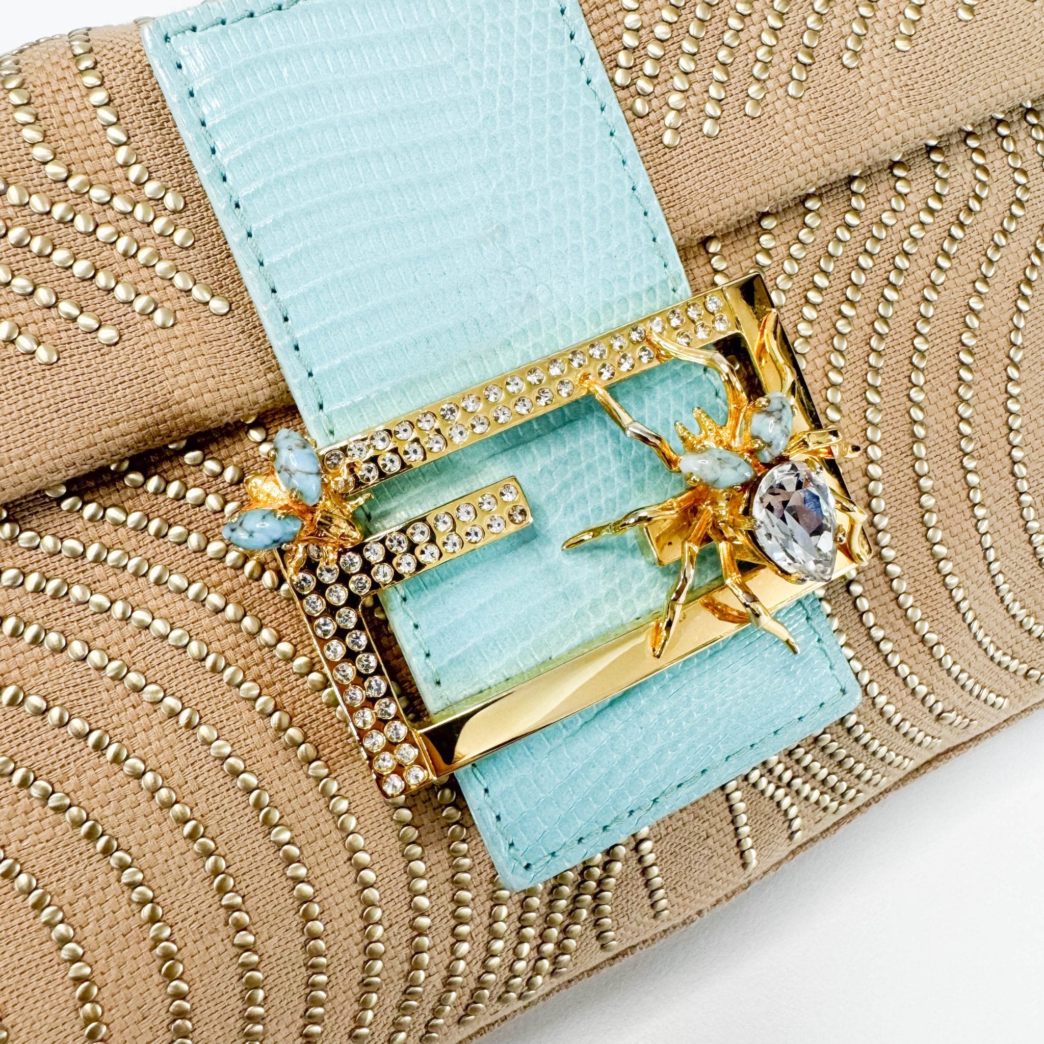 FENDI Baguette Canvas Studded Spider Hardware Beige / Turquoise Shoulder Bag, in , Sold by HIVE PRELOVED - Shoulder Bags, ,