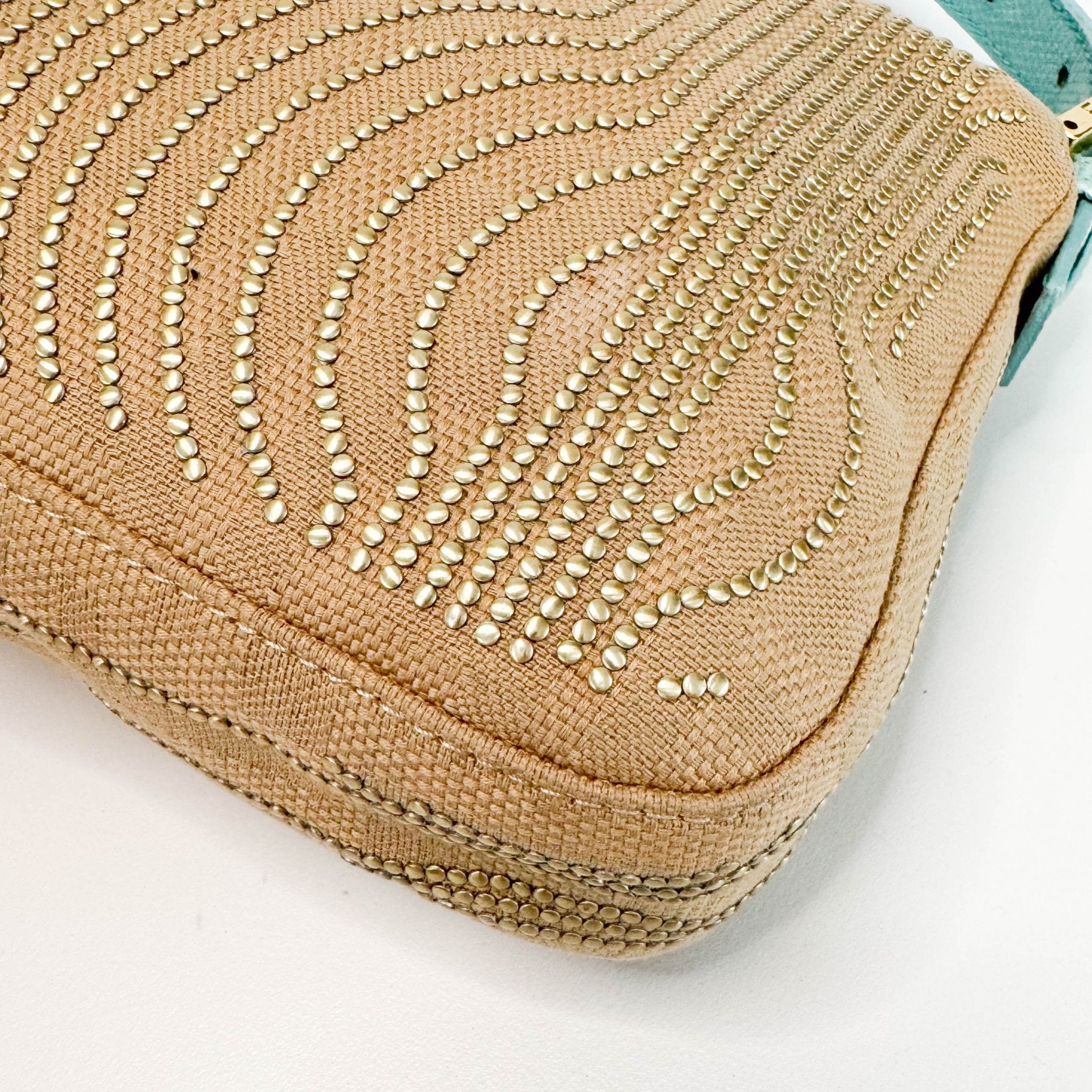 FENDI Baguette Canvas Studded Spider Hardware Beige / Turquoise Shoulder Bag, in , Sold by HIVE PRELOVED - Shoulder Bags, ,