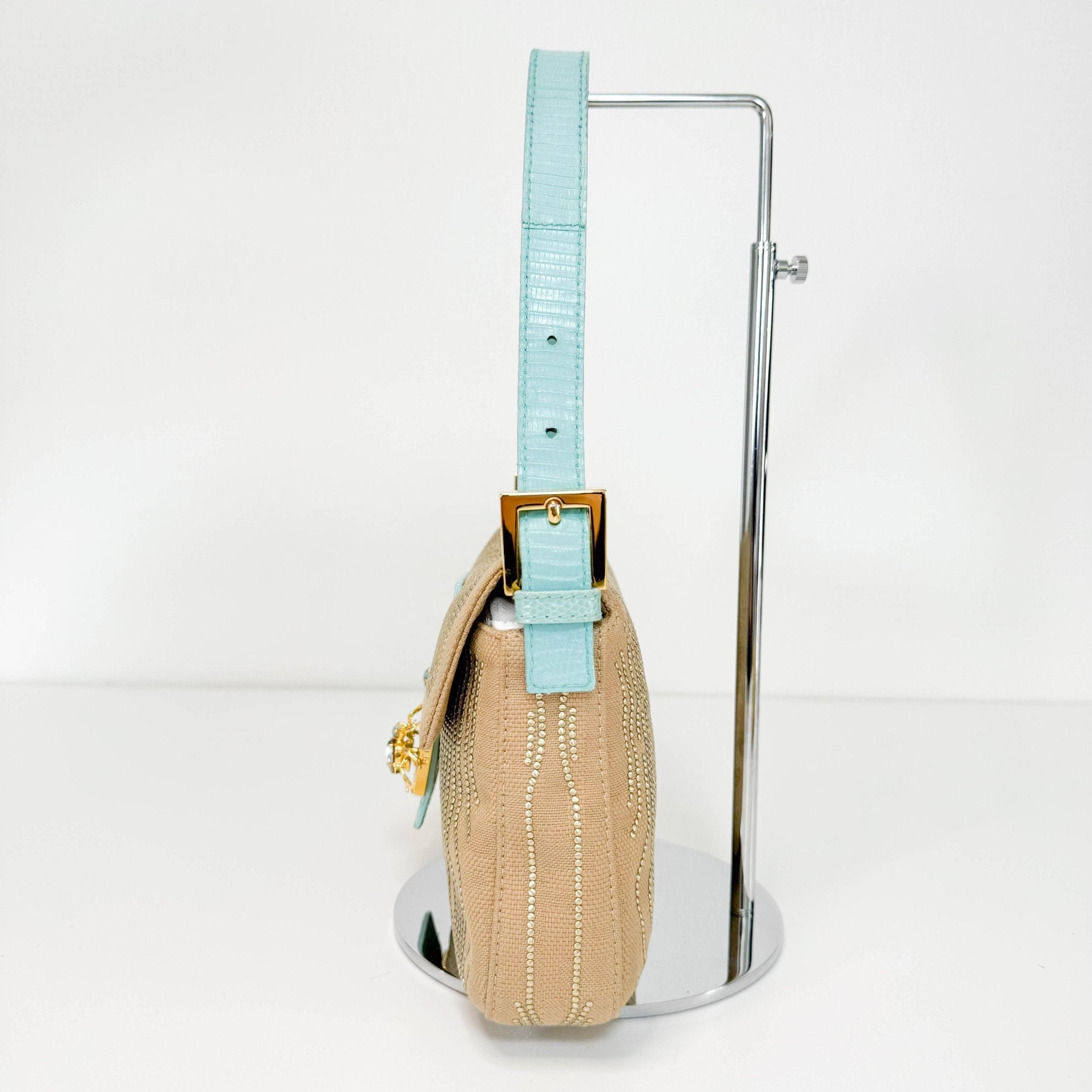 FENDI Baguette Canvas Studded Spider Hardware Beige / Turquoise Shoulder Bag, in , Sold by HIVE PRELOVED - Shoulder Bags, ,