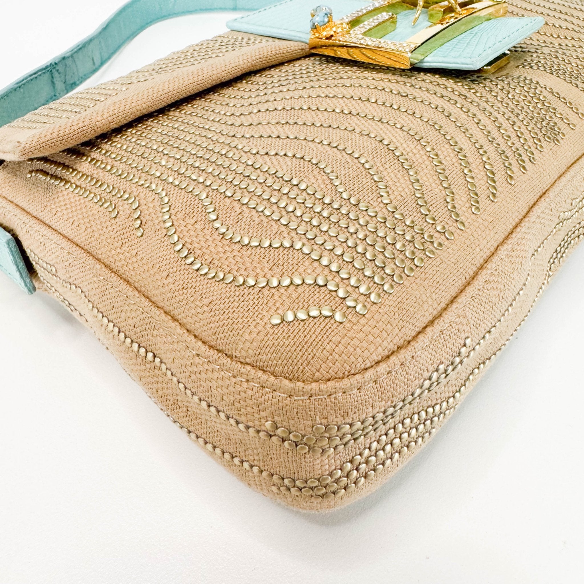 FENDI Baguette Canvas Studded Spider Hardware Beige / Turquoise Shoulder Bag, in , Sold by HIVE PRELOVED - Shoulder Bags, ,